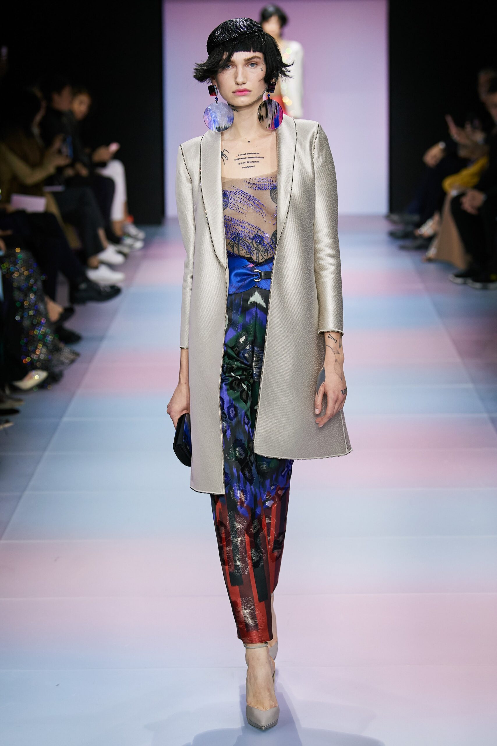 silver satin tailored blazer with printed pants