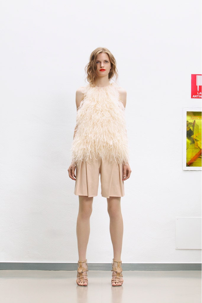 beige feathered top with shorts