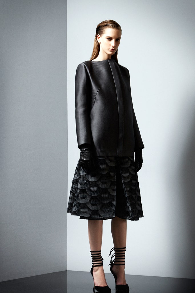 black leather fitted jacket and skirt