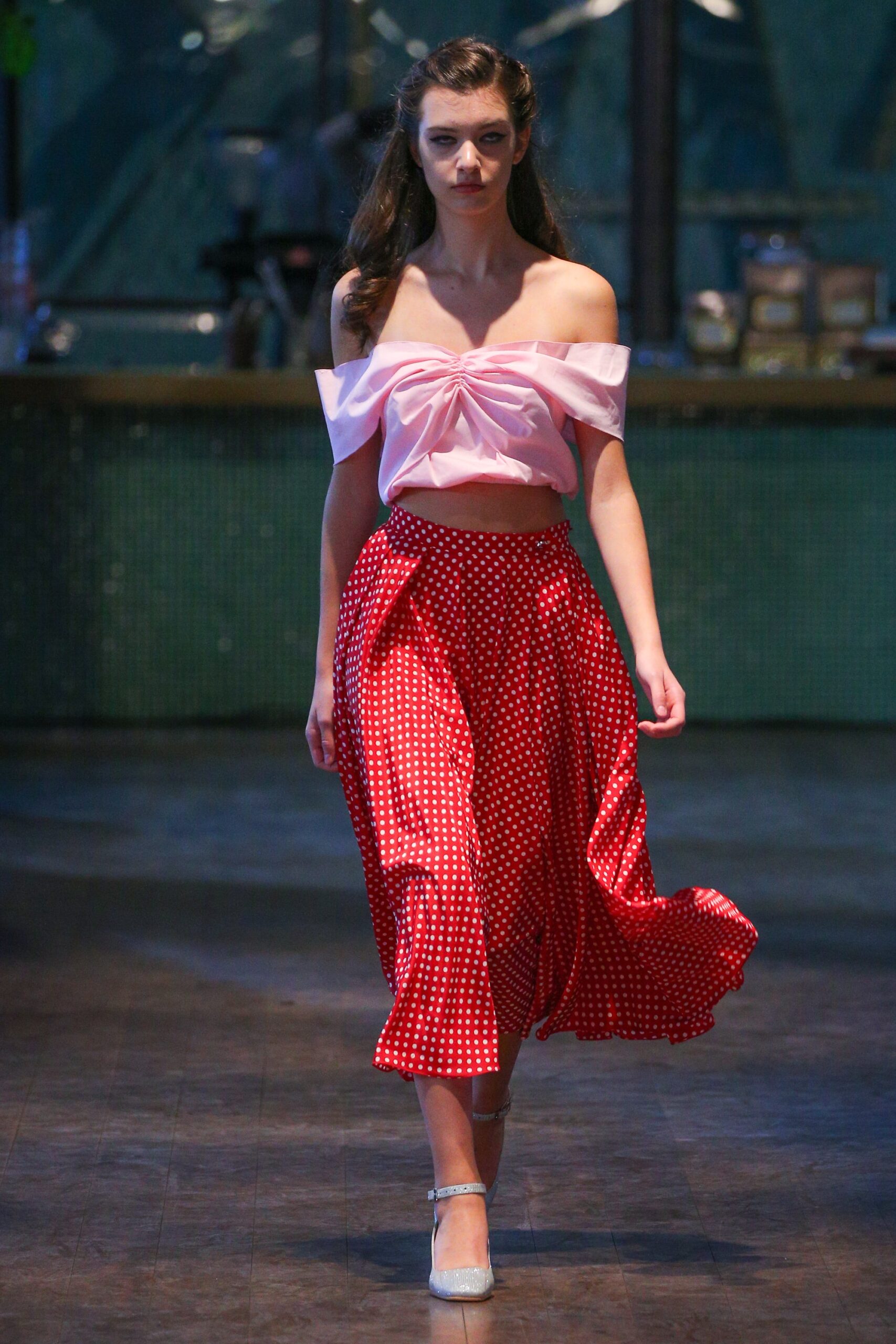 red silk relaxed pleated a-line midi skirt
