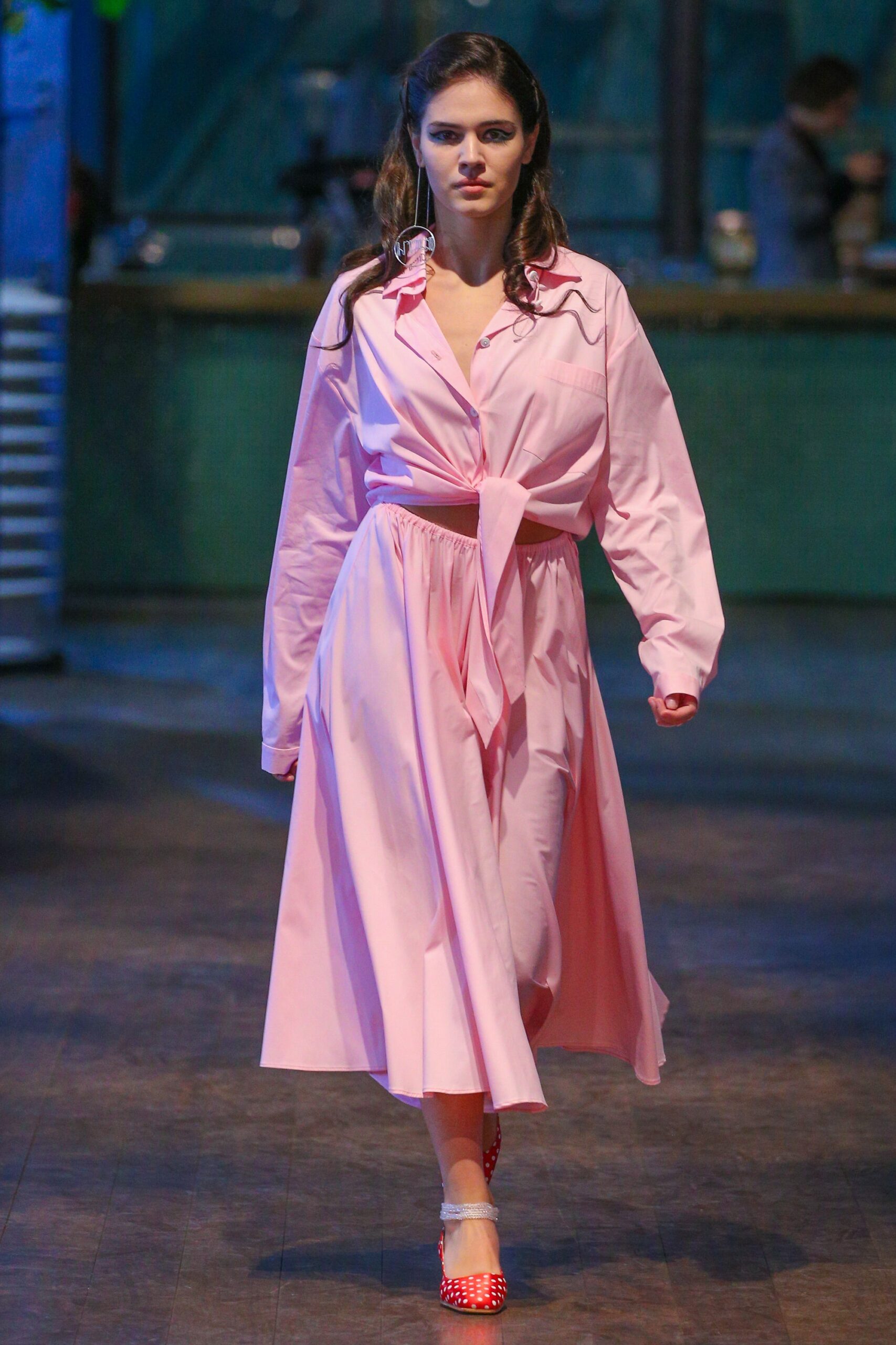 pink cotton belted midi dress