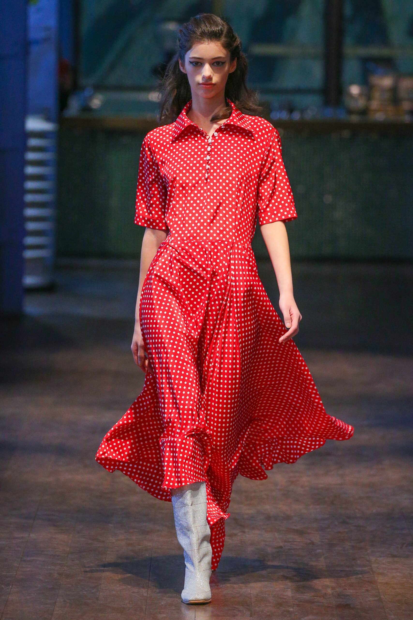 red and white polka-dot midi dress