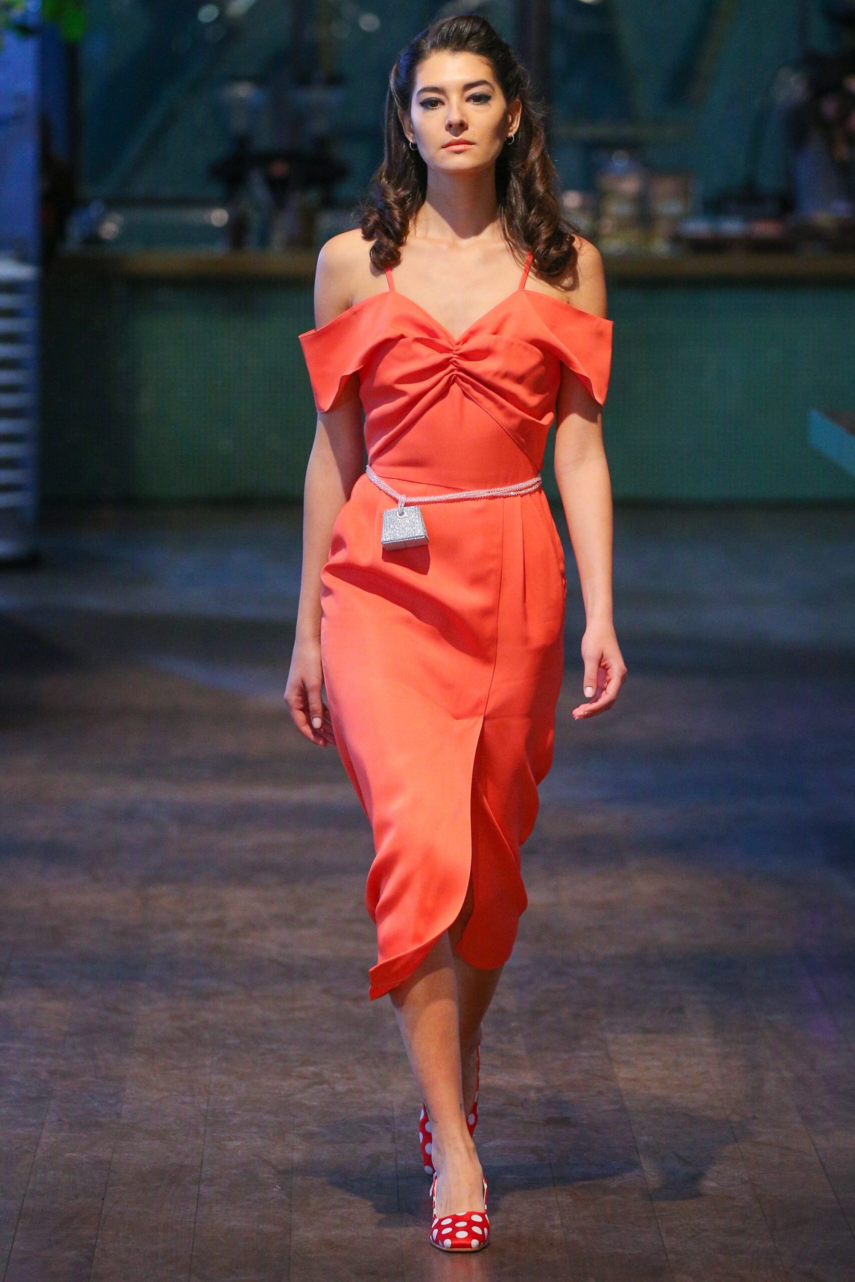 coral silk off-shoulder dress
