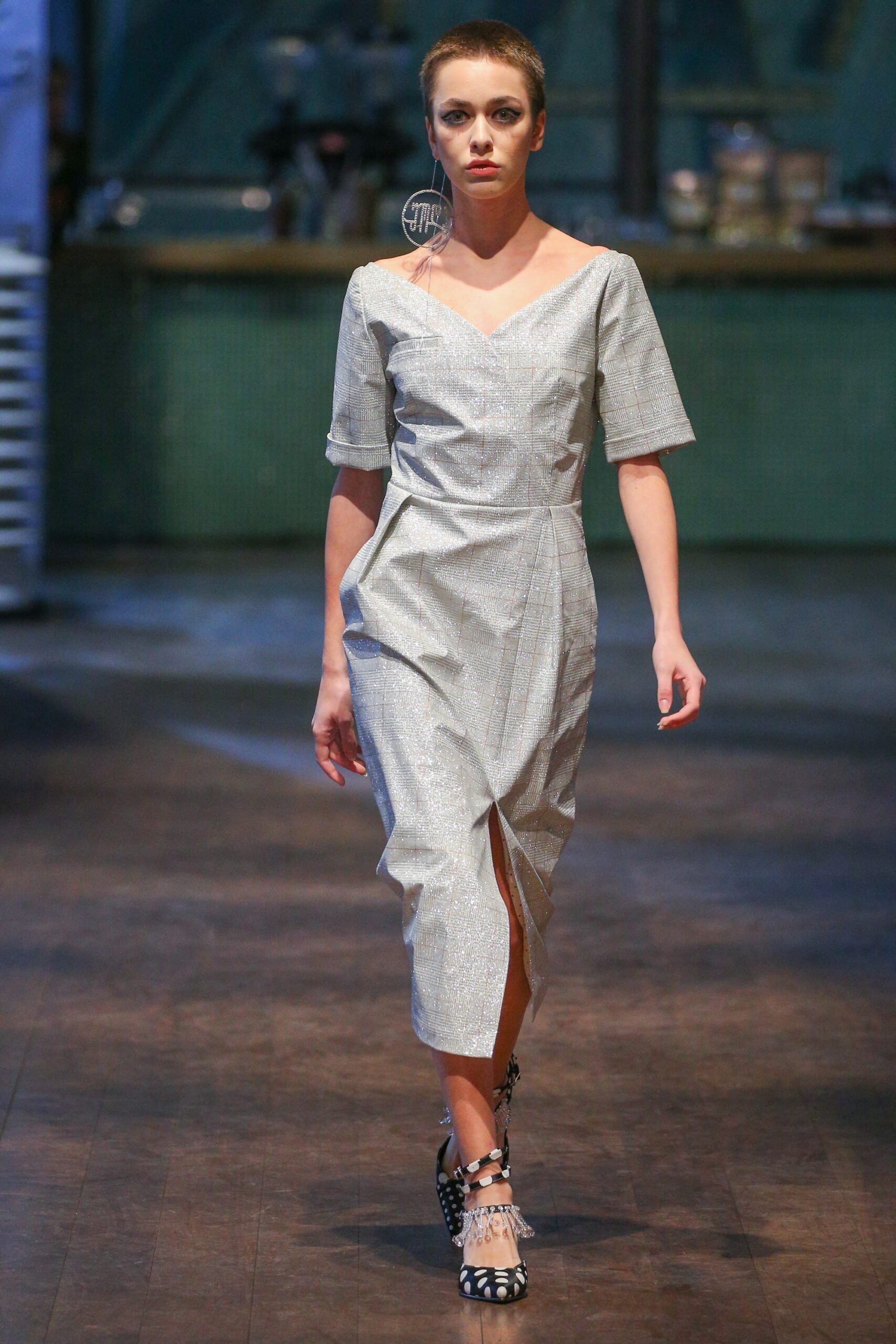 gray metallic short-sleeve v-neck fitted draped shiny dress