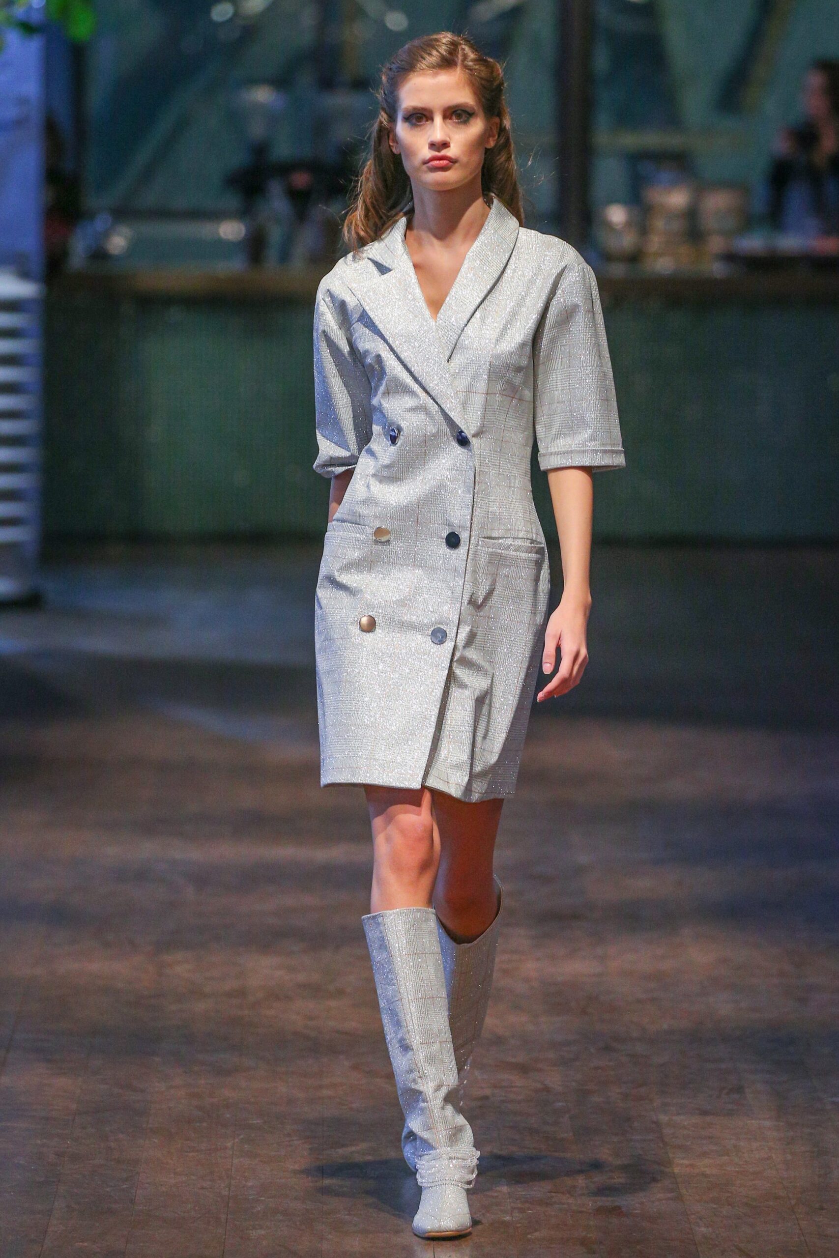 gray metallic short-sleeve collared fitted buttoned shiny dress