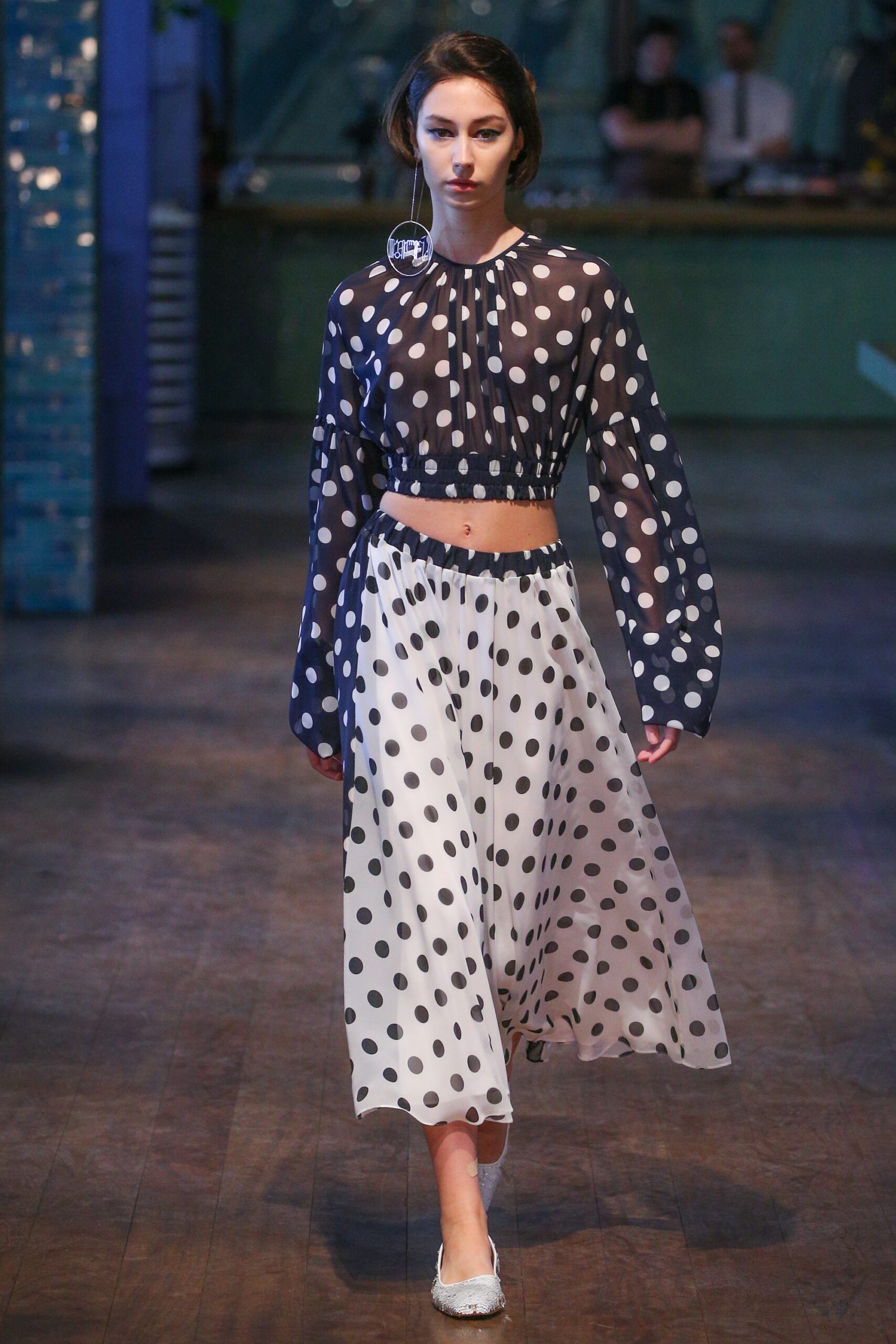 black chiffon long-sleeve fitted polka-dot sheer cropped top