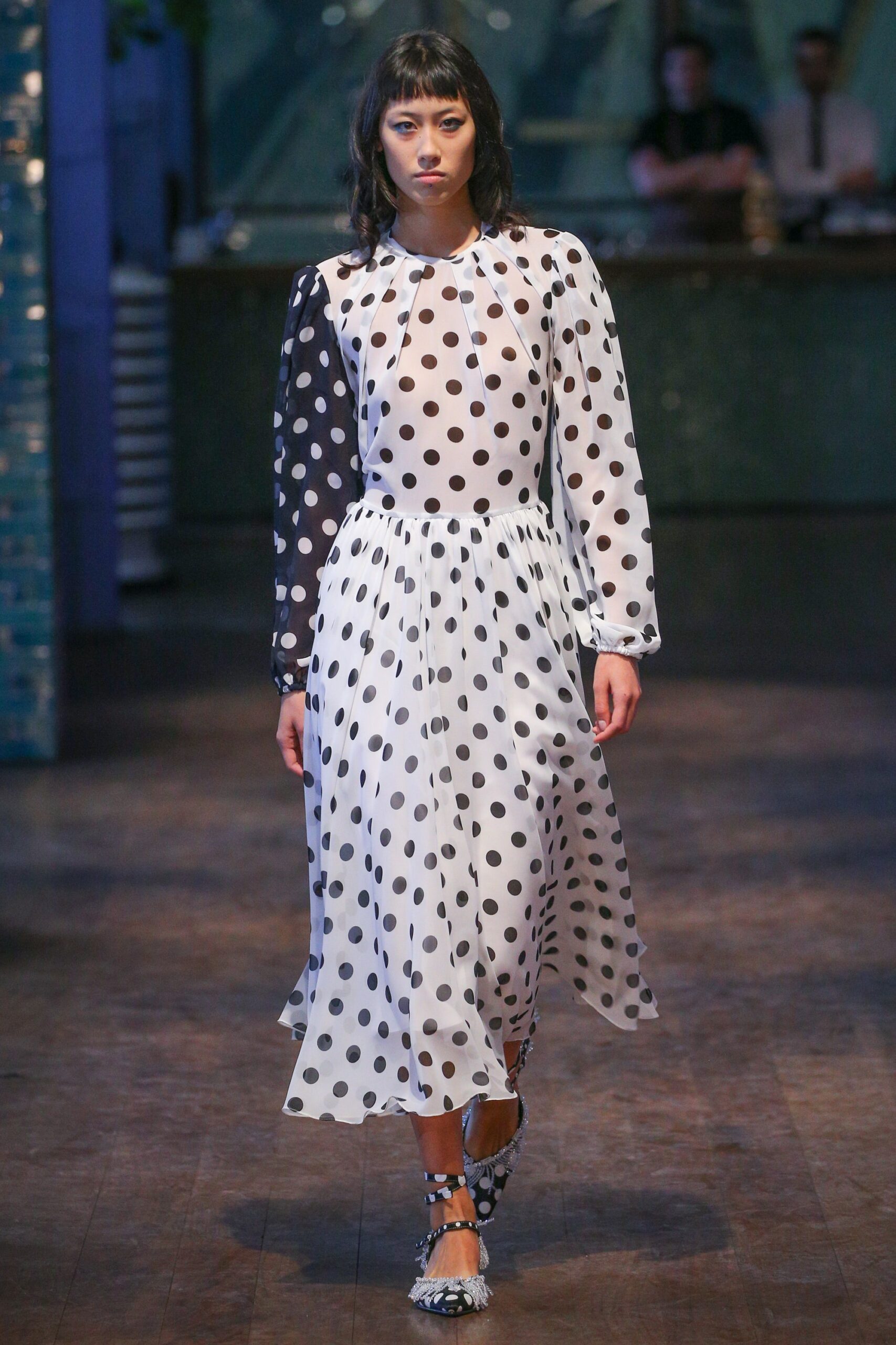 white black polka-dot midi dress