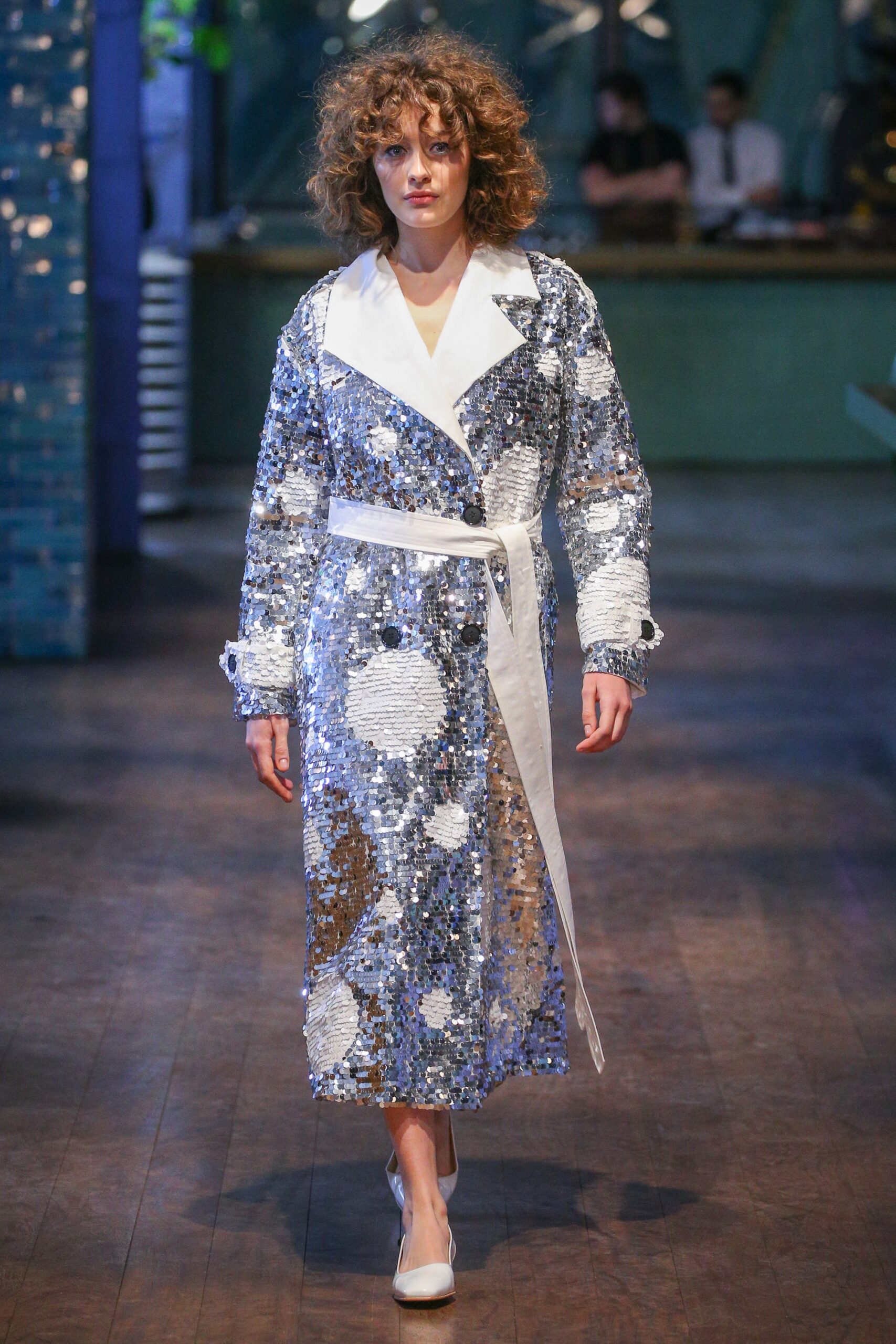silver sequin belted coat