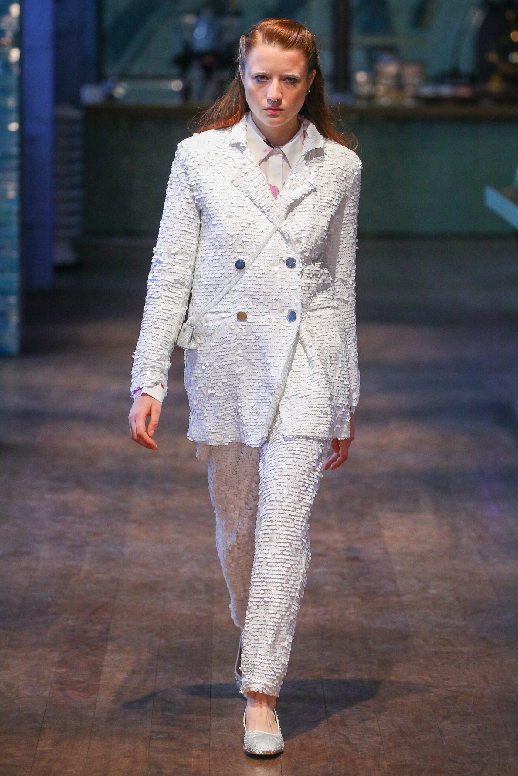 white silk long-sleeve collared tailored textured suit