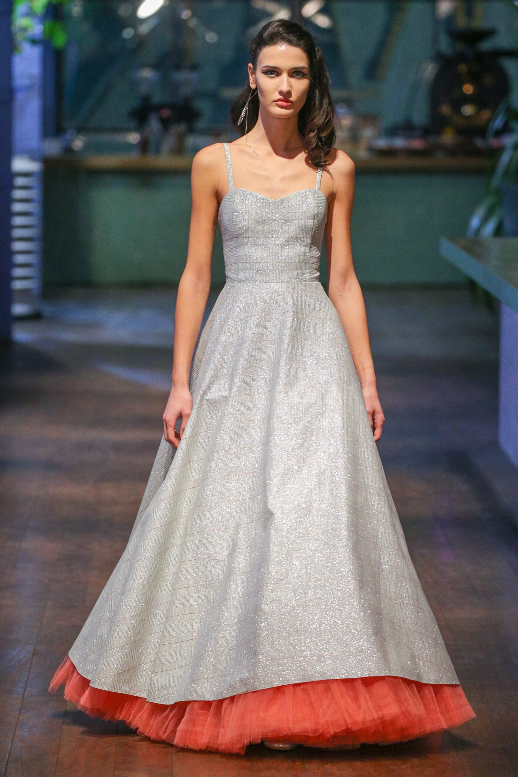 silver gown with orange tulle