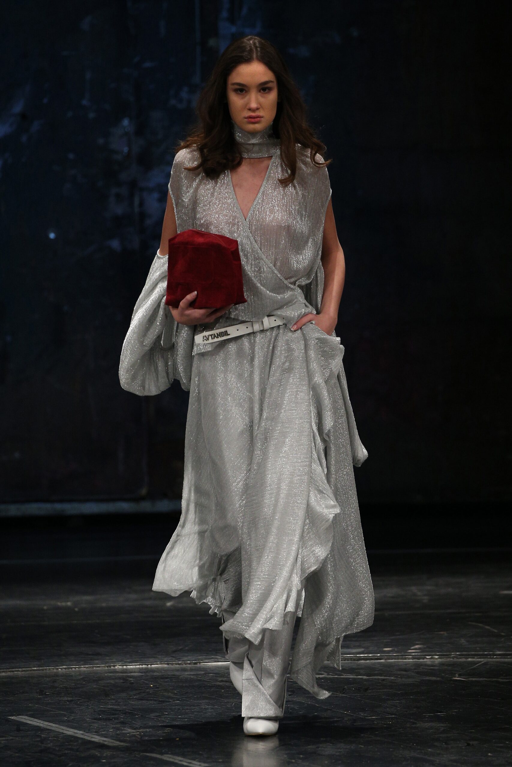 gray metallic sleeveless v-neck relaxed draped shiny dress