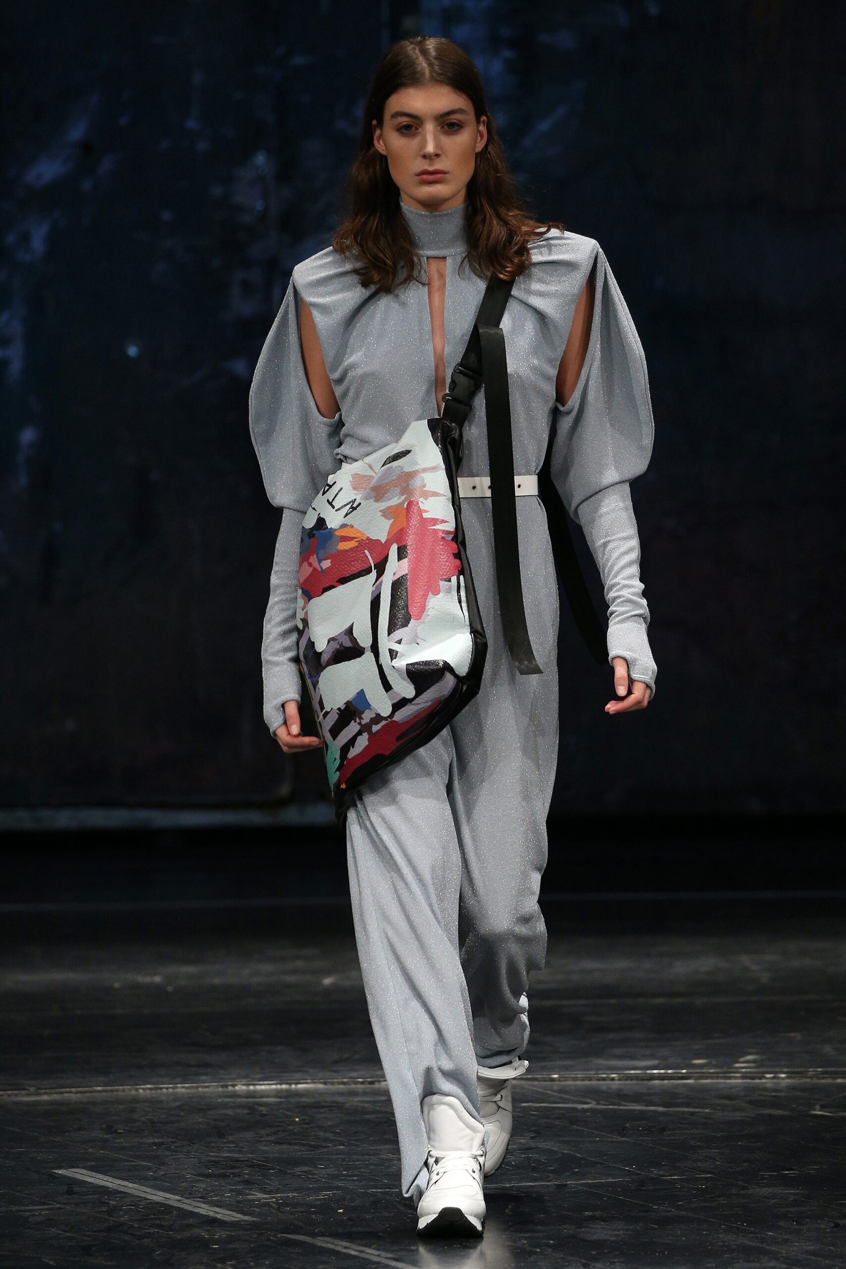 gray silk long-sleeve v-neck fitted draped shiny jumpsuit