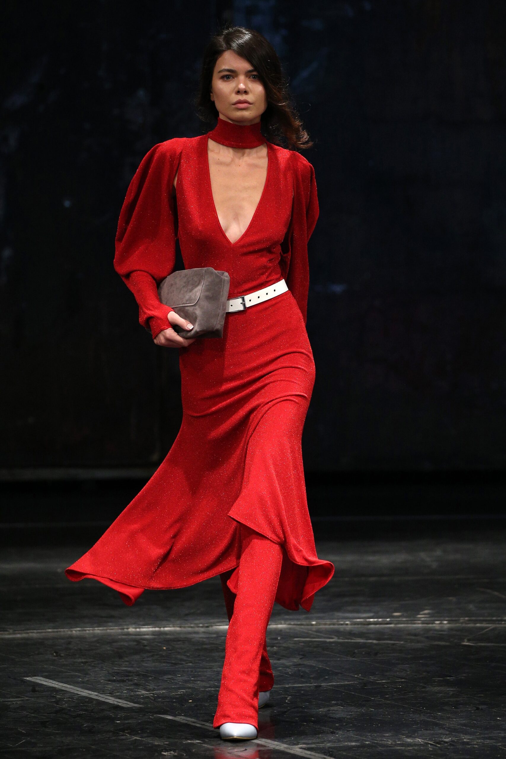 red velvet long-sleeve v-neck fitted flared shiny gown
