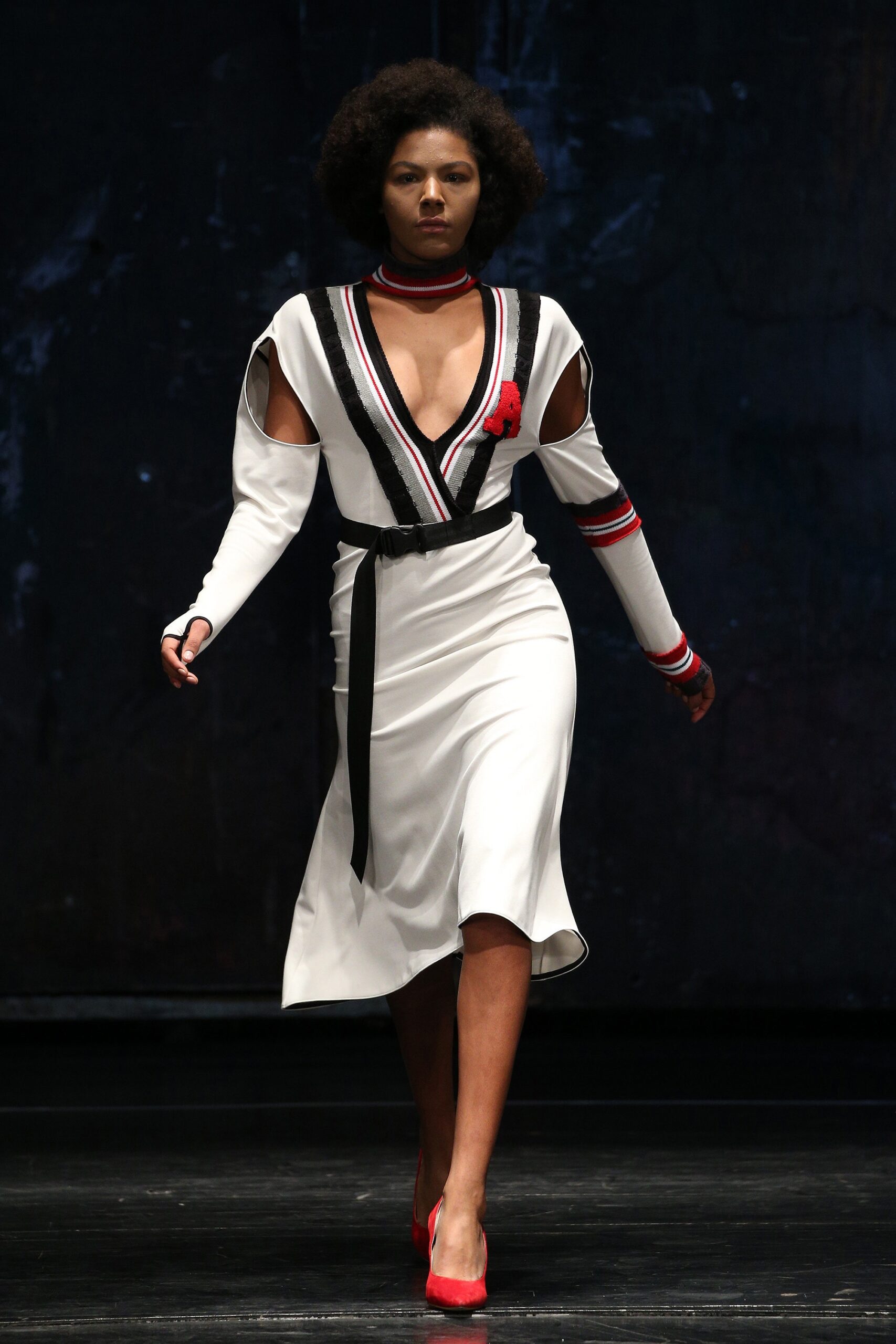 fitted white midi dress with cutouts