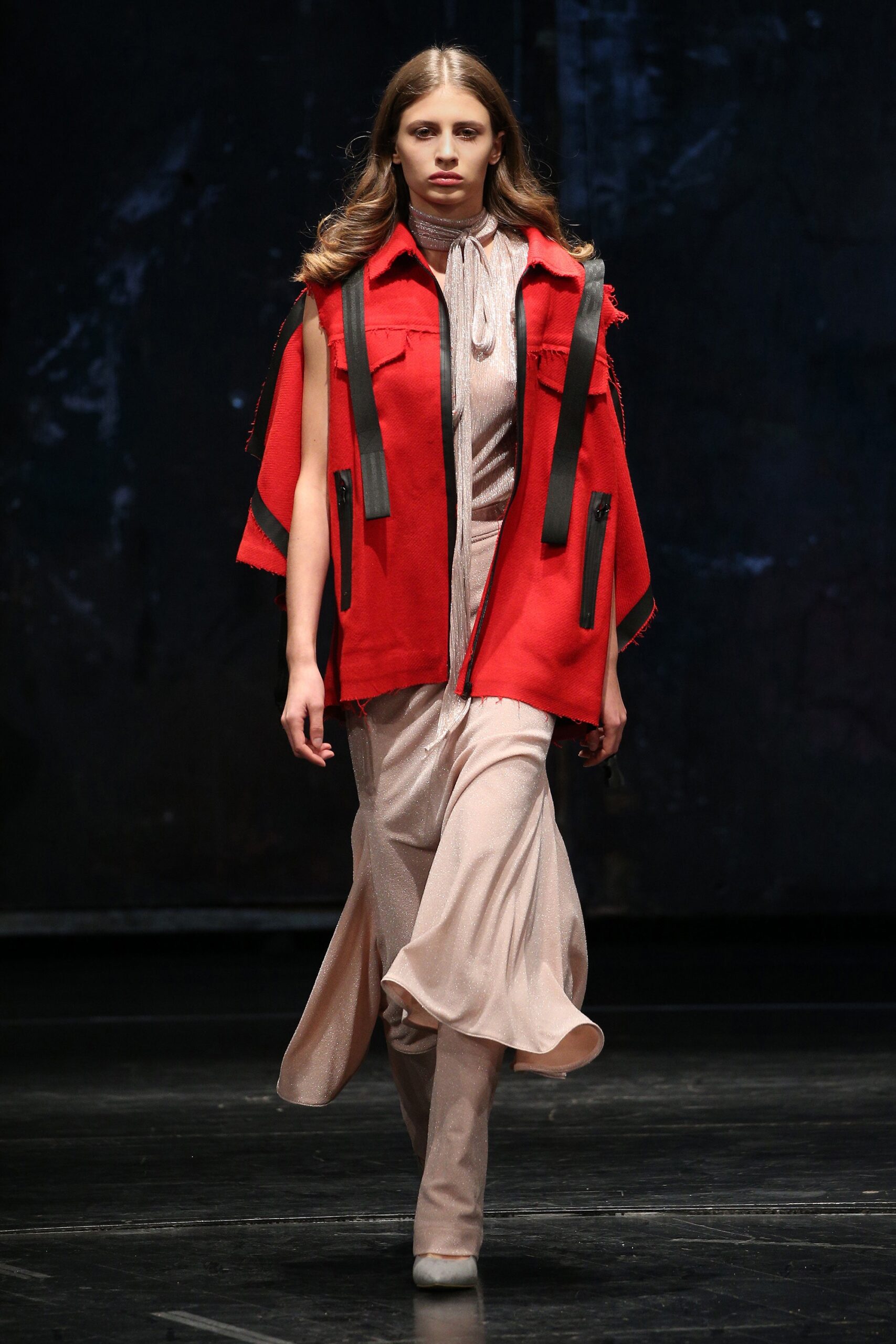 beige silk fitted dress with red cape