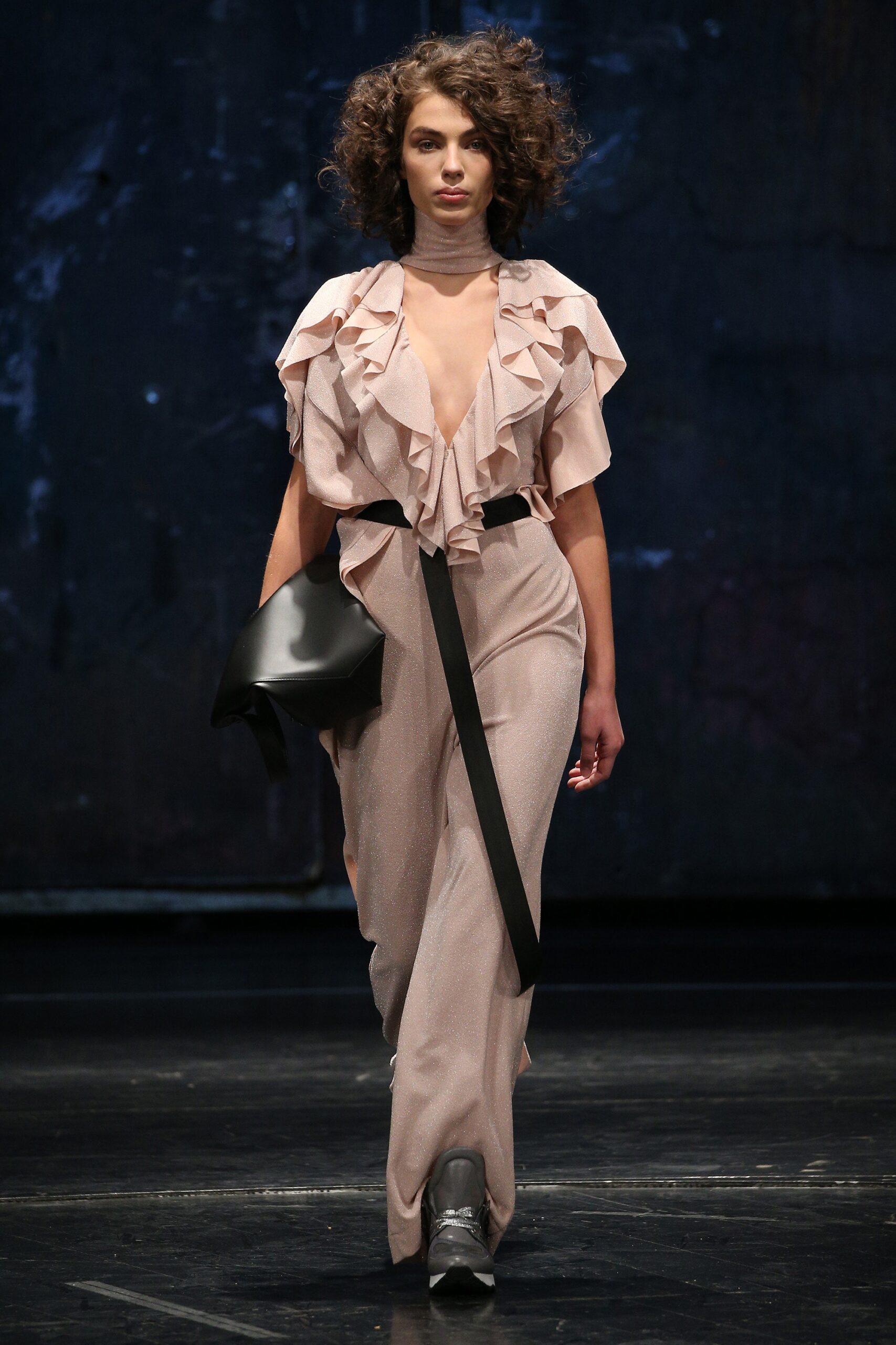 pink silk ruffled jumpsuit