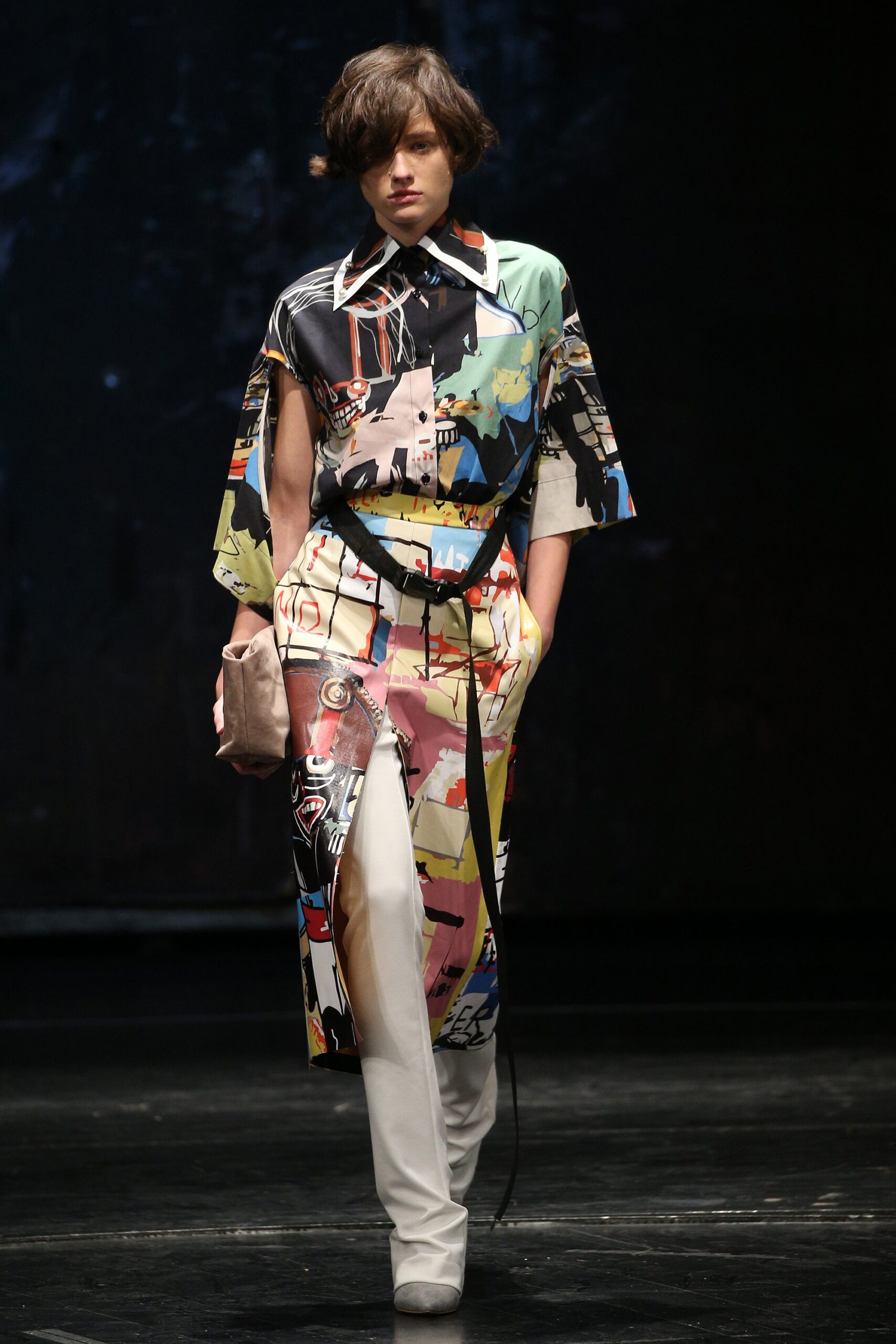multi silk short-sleeve collared fitted printed belted dress
