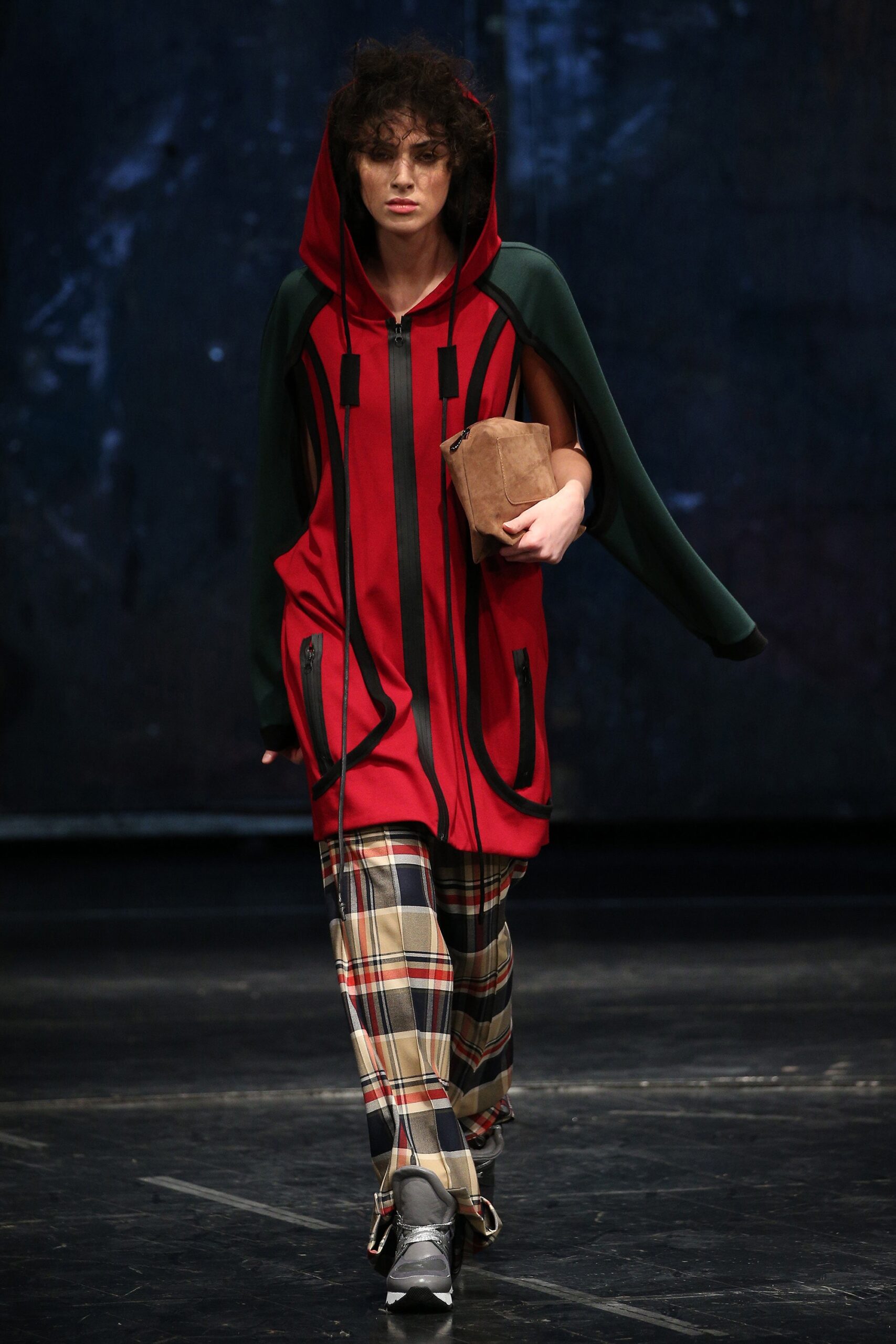 red and green relaxed hoodie with checked pants