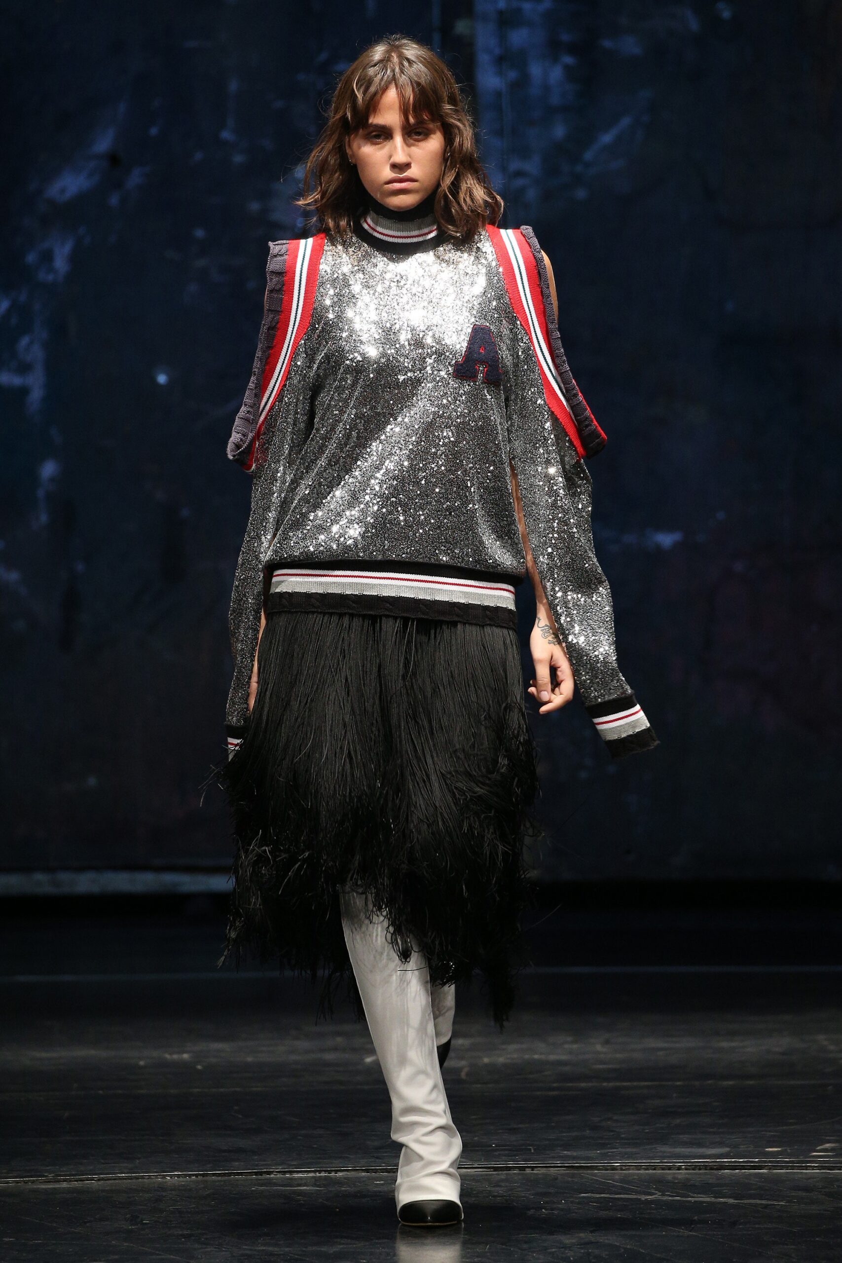 gray long-sleeve off-shoulder fitted sequined layered shiny top