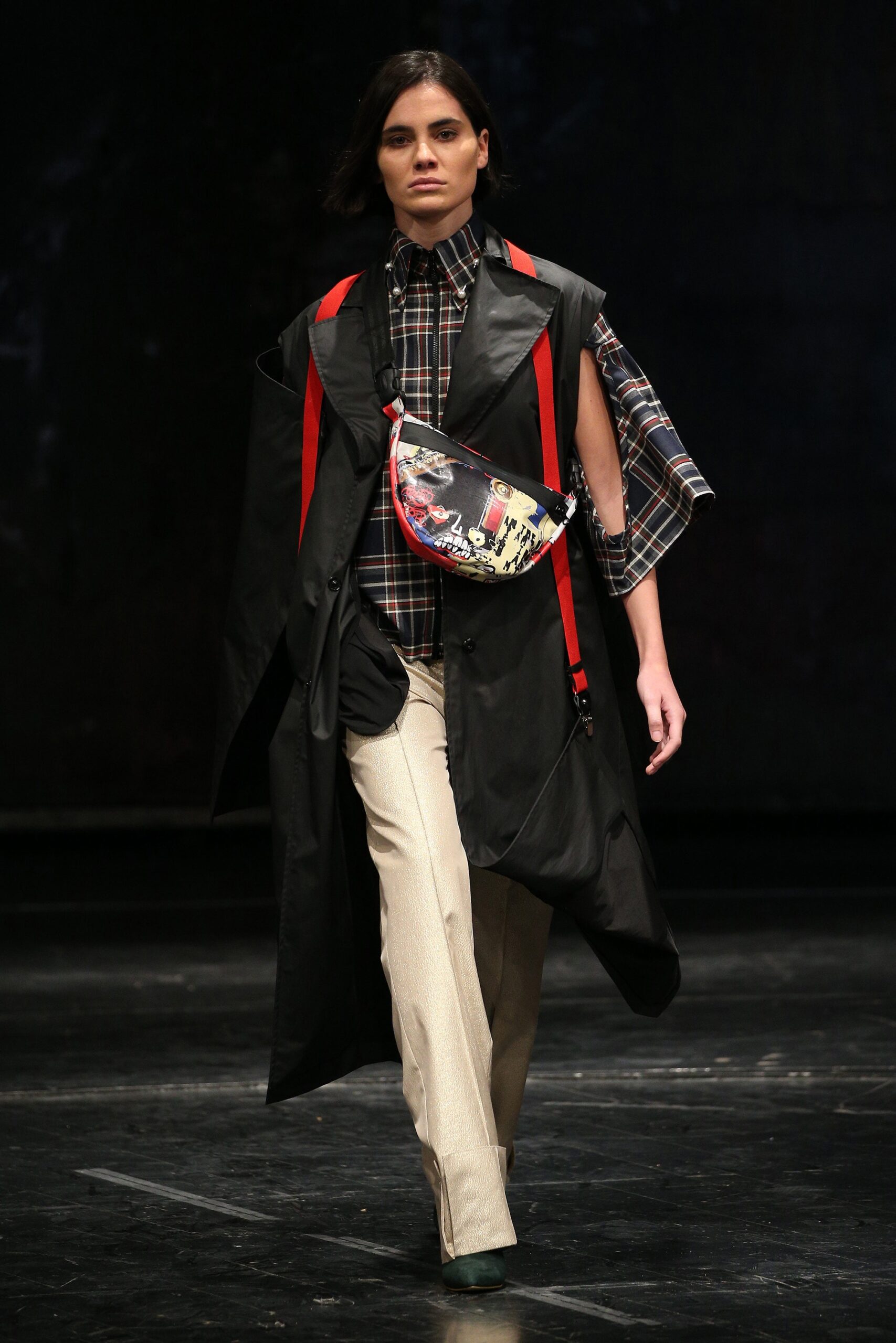 black relaxed coat with multi shirt