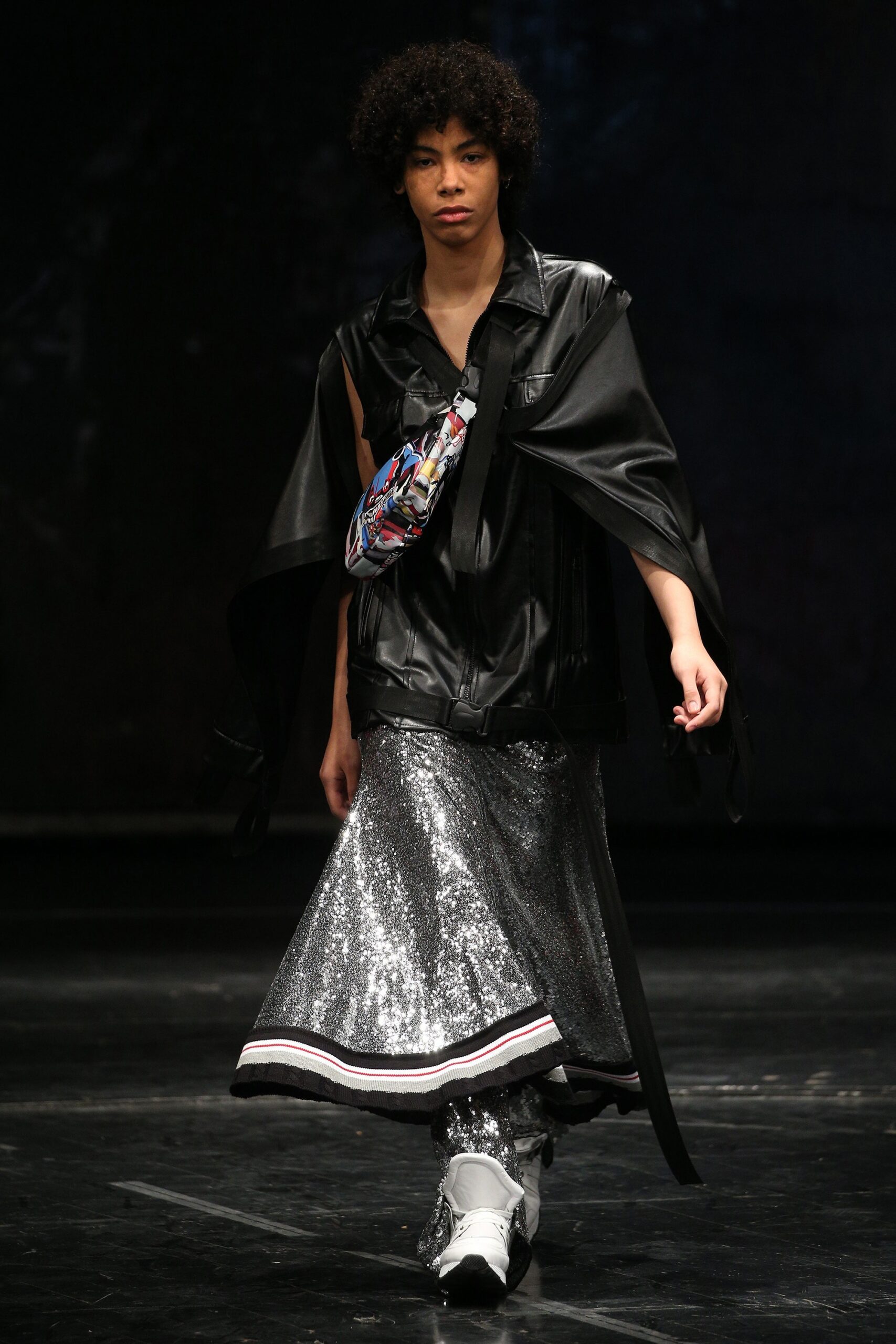 black silk top with silver skirt