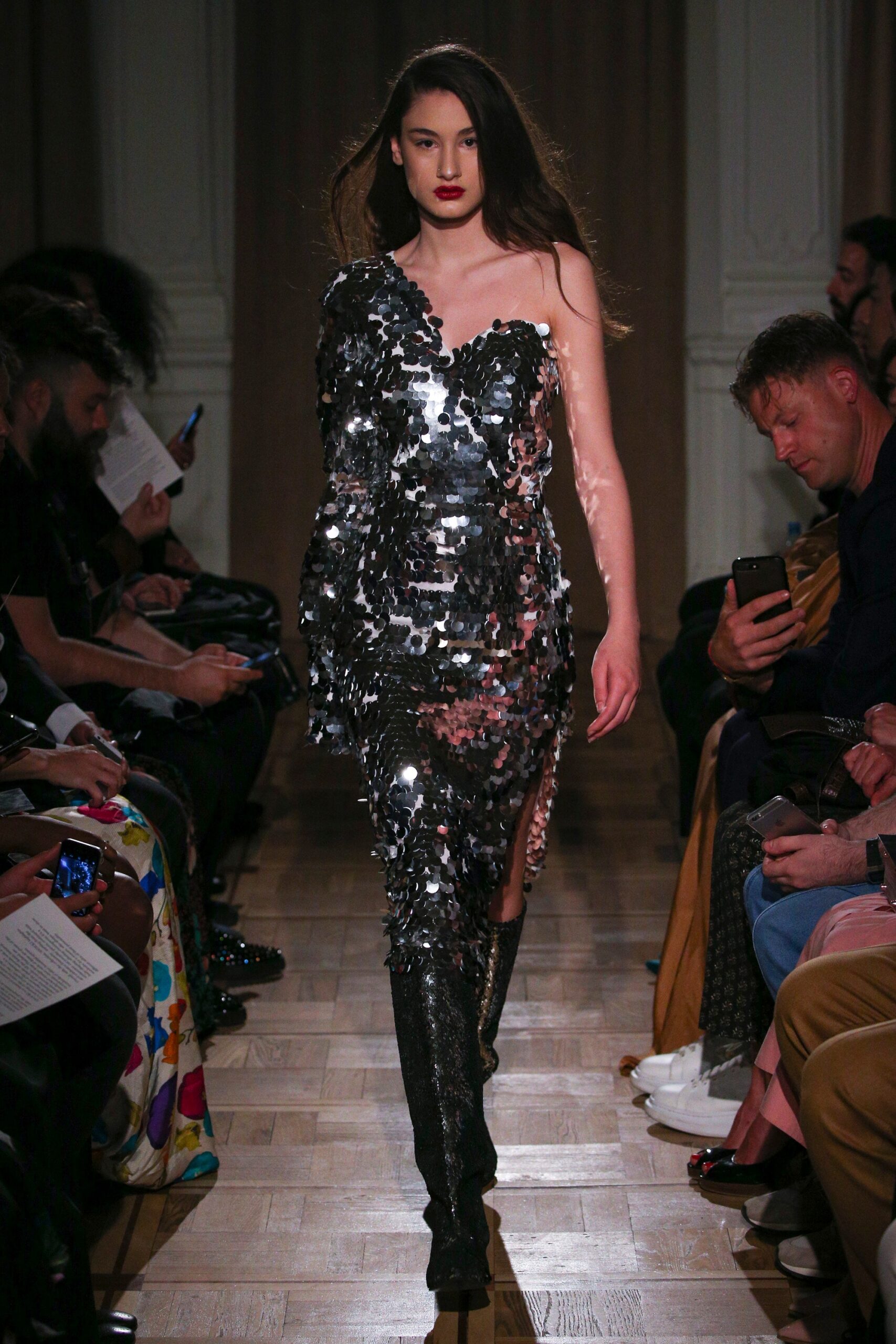 silver sequin off-shoulder dress