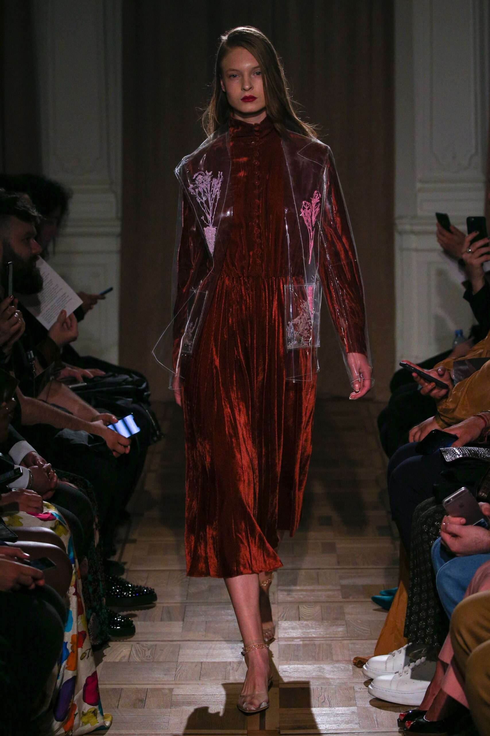 red velvet midi dress with clear coat