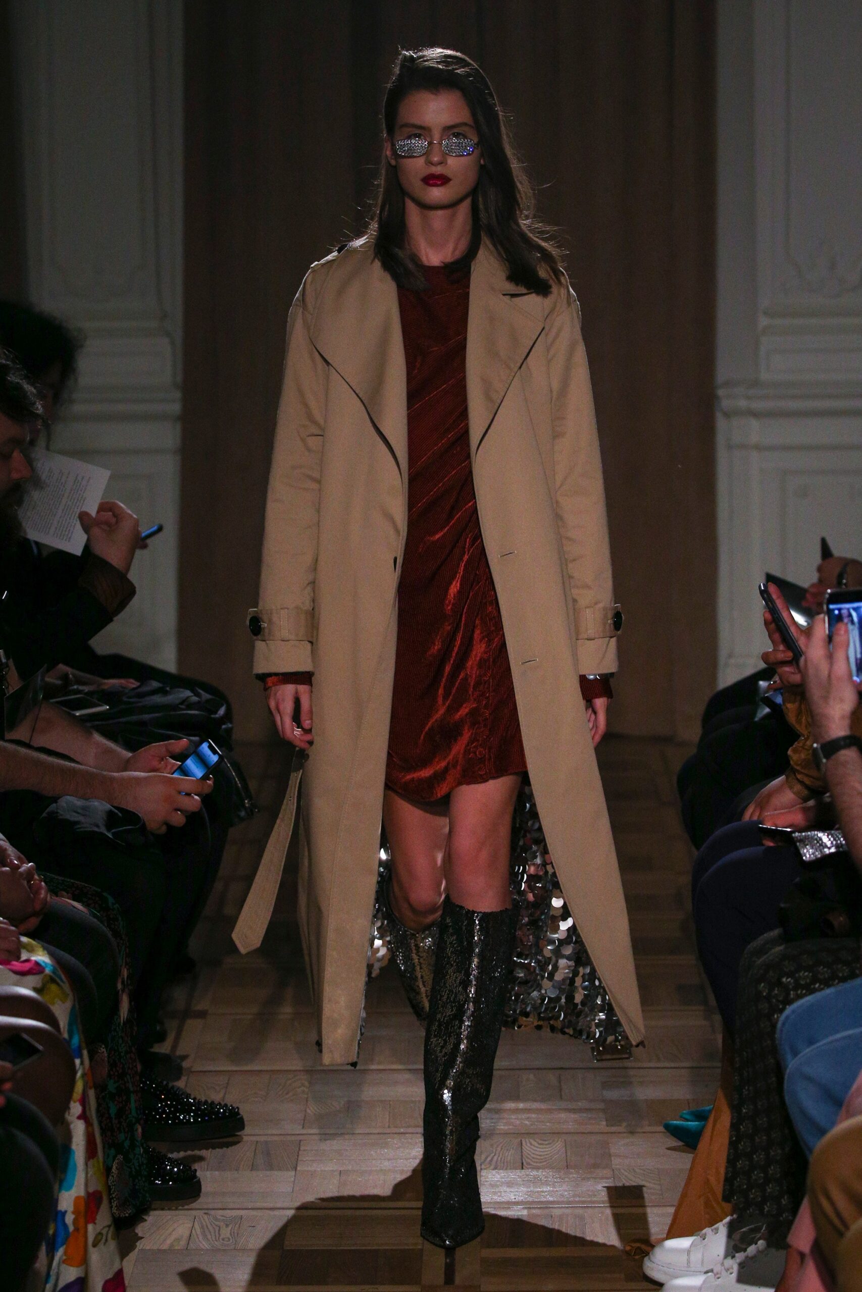 beige coat red velvet dress