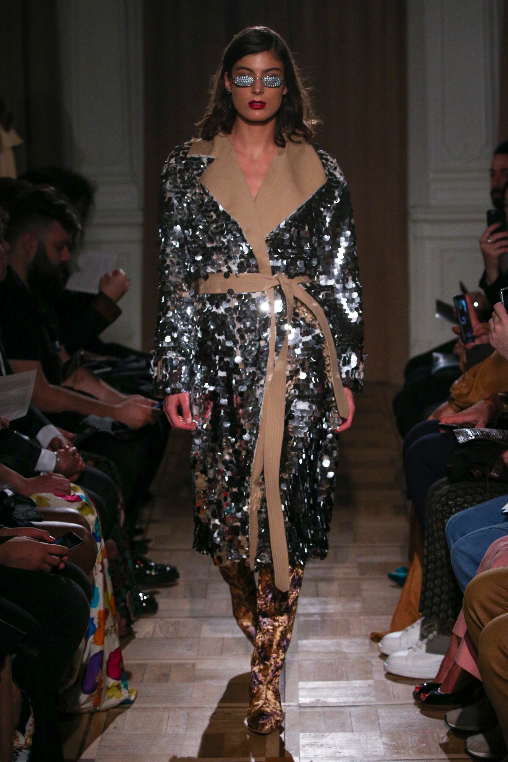 silver sequin belted coat