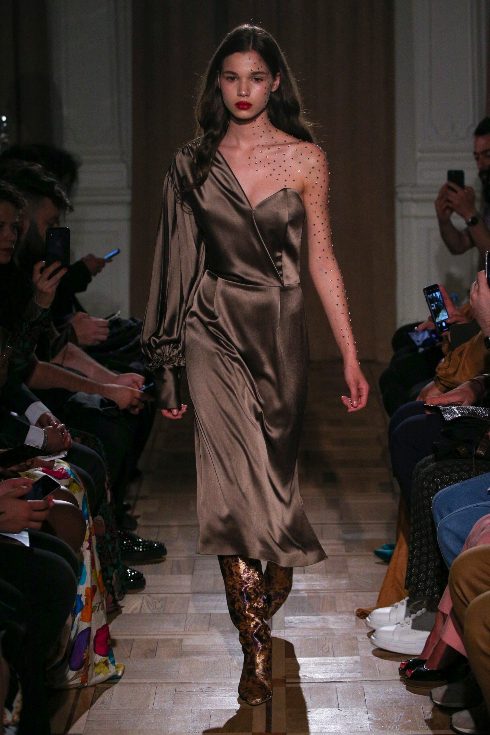 brown silk draped midi dress with boots