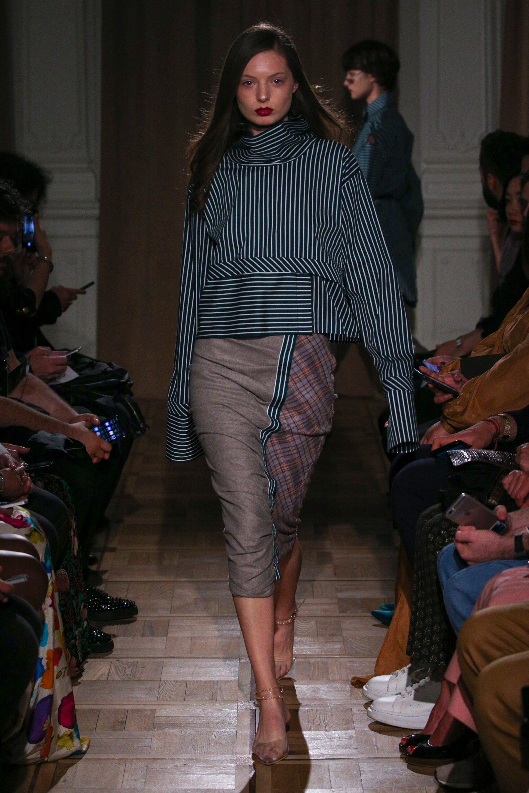 striped top and plaid skirt