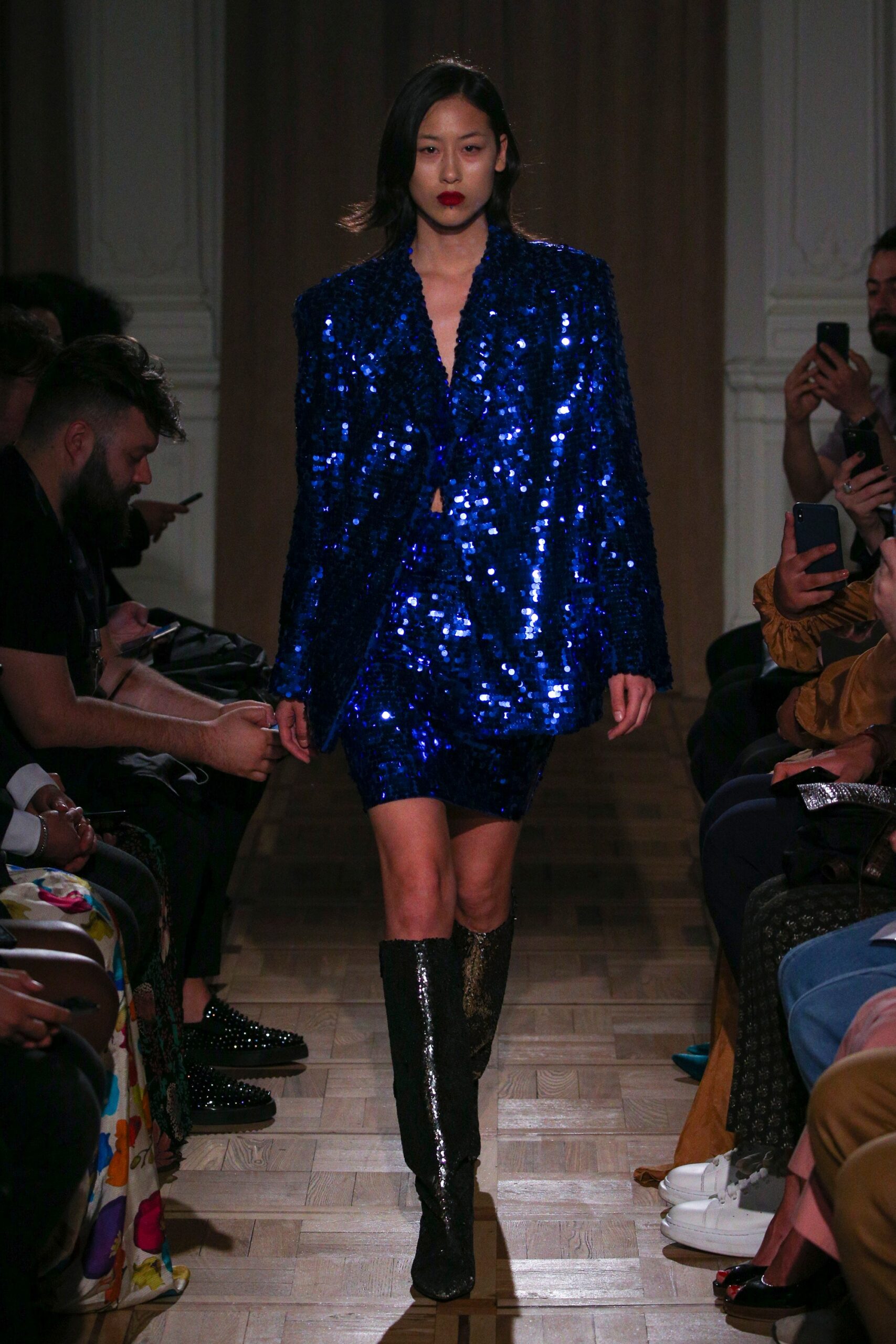 blue sequin blazer and skirt