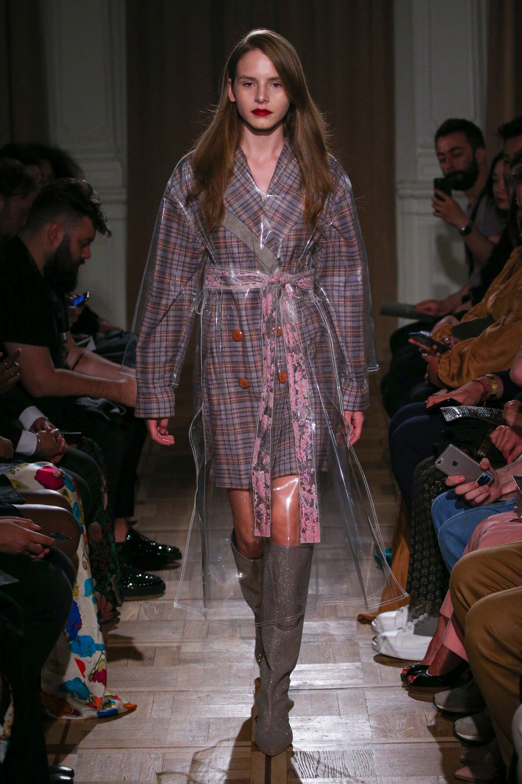 gray pink layered coat with knee-high boots