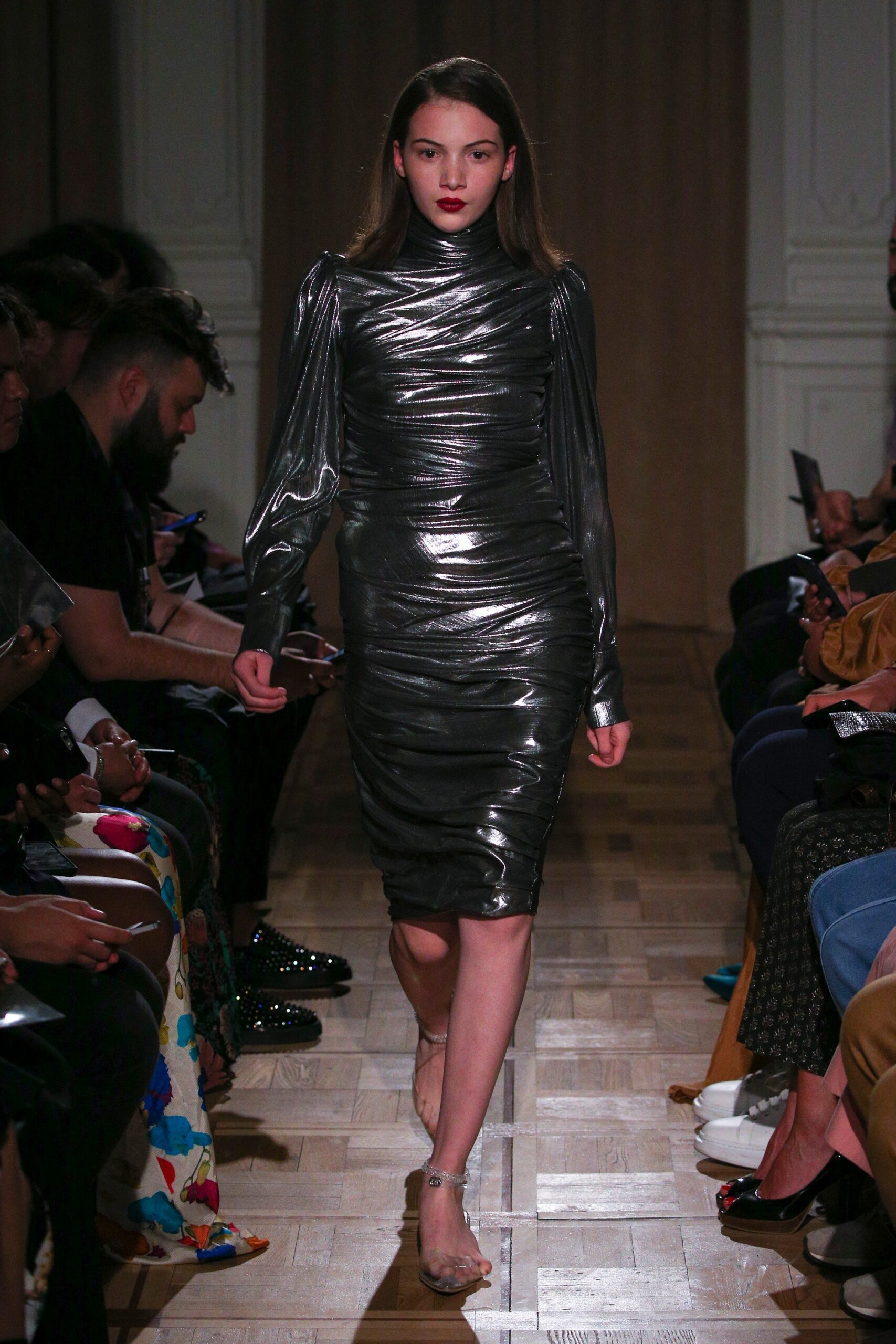 fitted gray metallic ruched dress