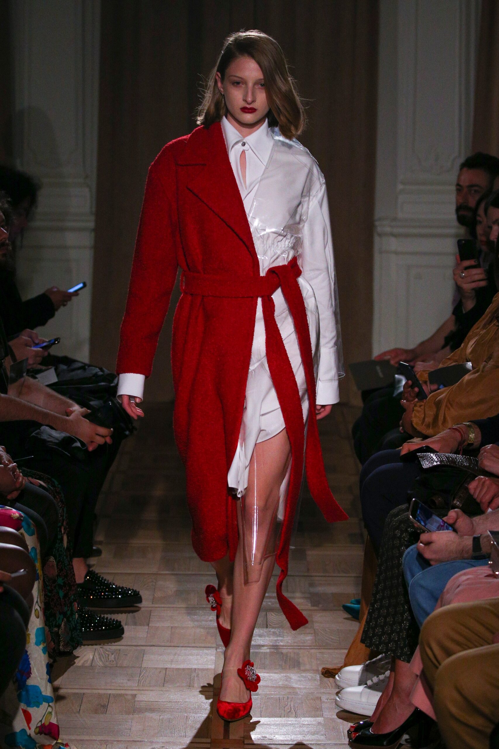 red wool coat and white dress