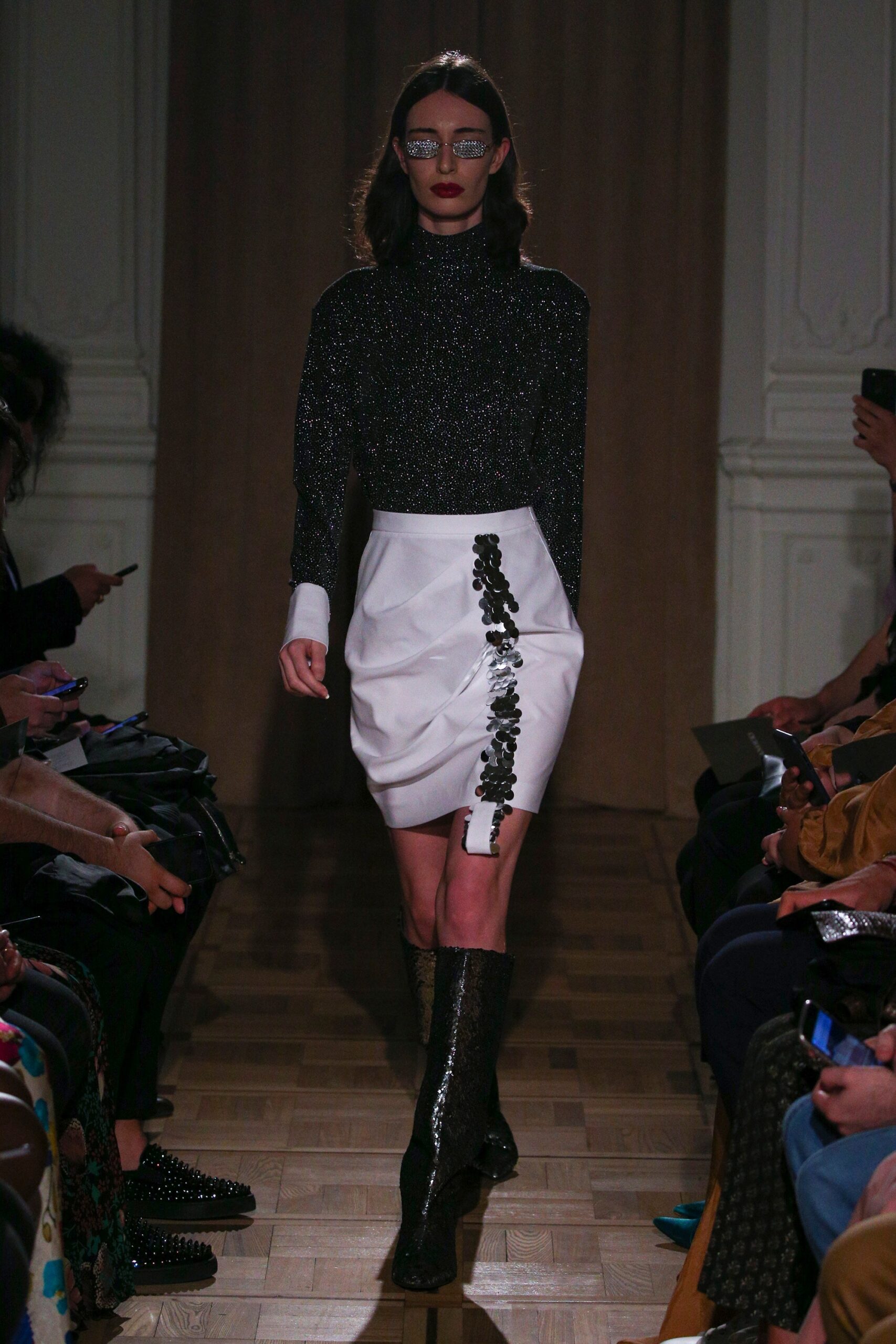 black metallic fitted top with white skirt