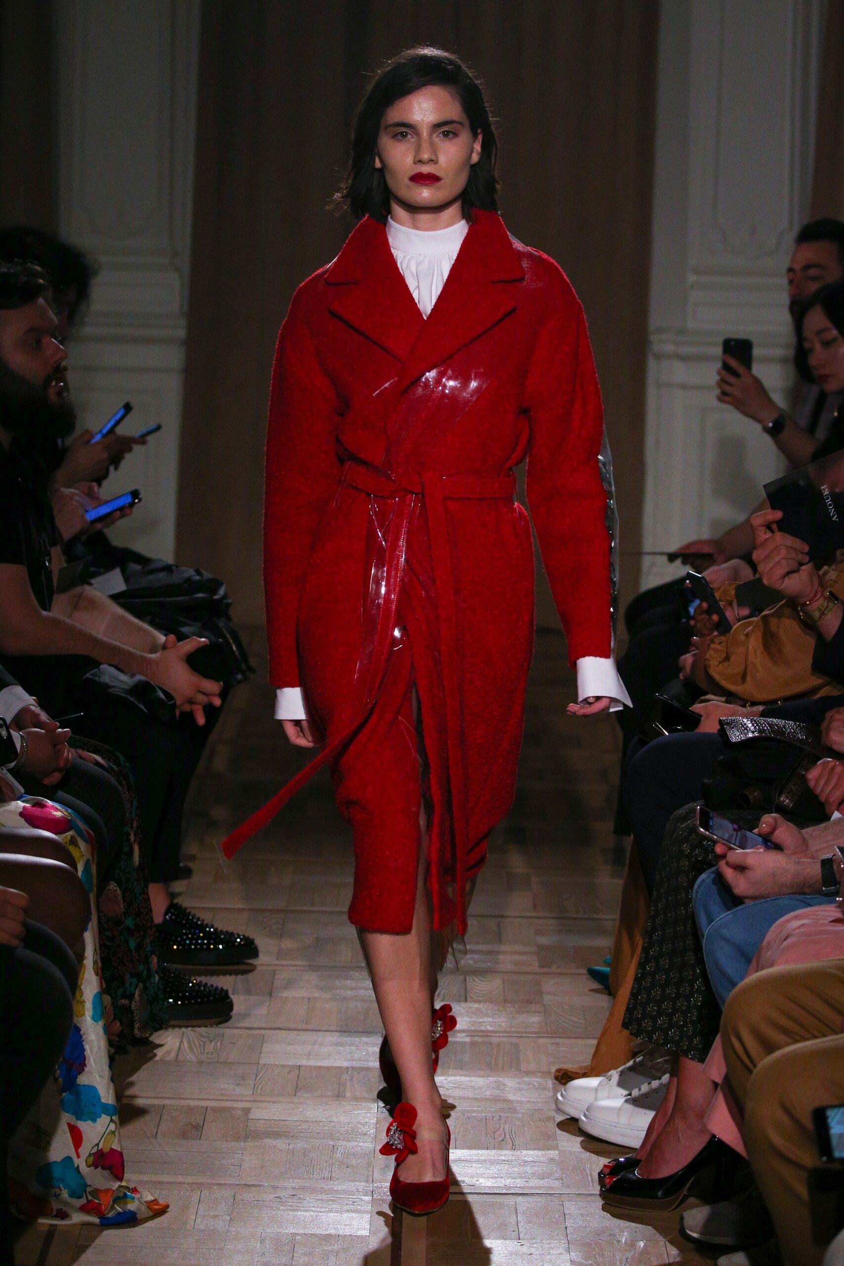 red vinyl belted coat