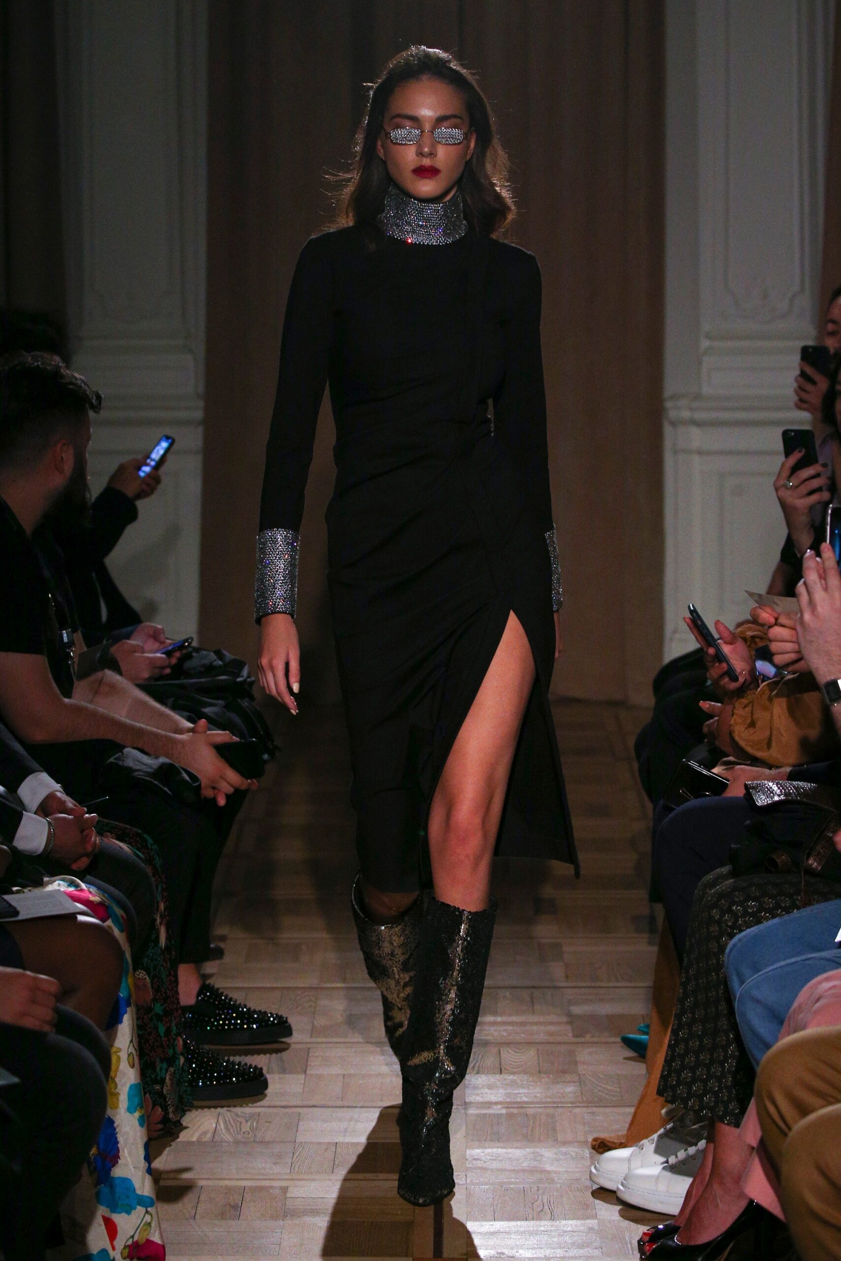 black silk fitted dress with slit