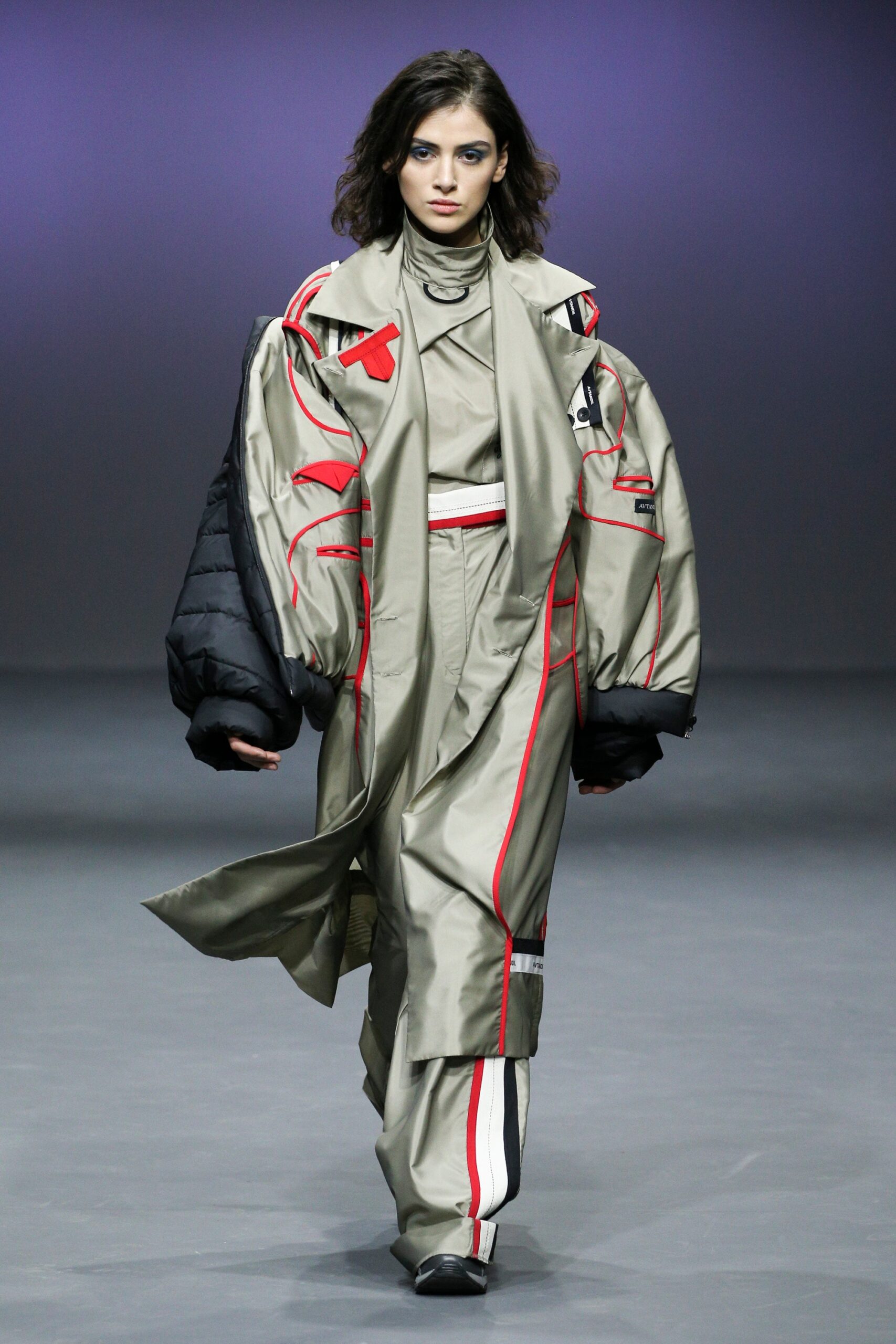beige silk long-sleeve oversized zippered coat