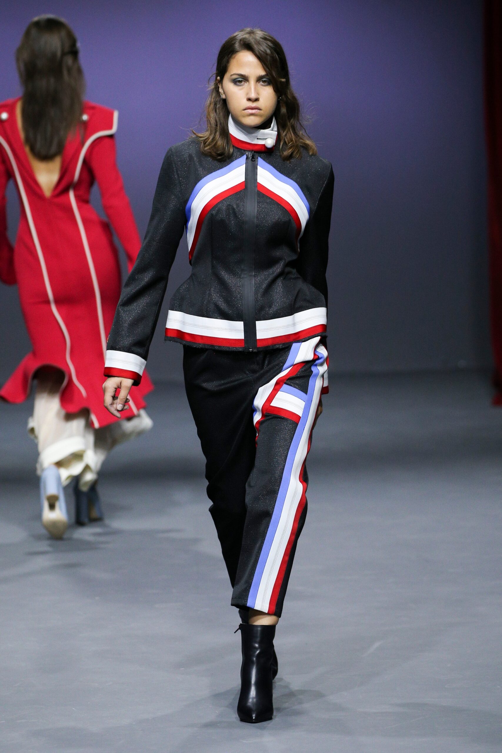 black fitted jacket and slim pants