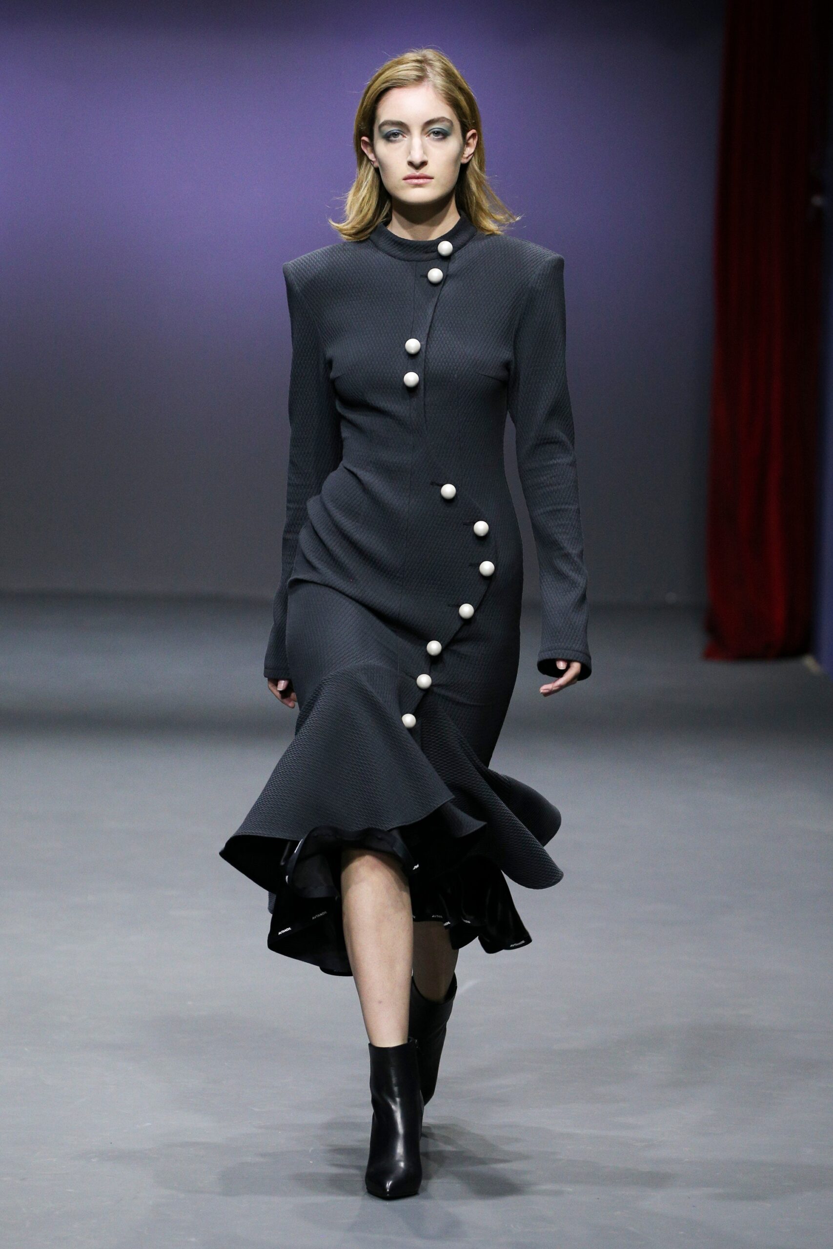 black fitted midi dress with buttons