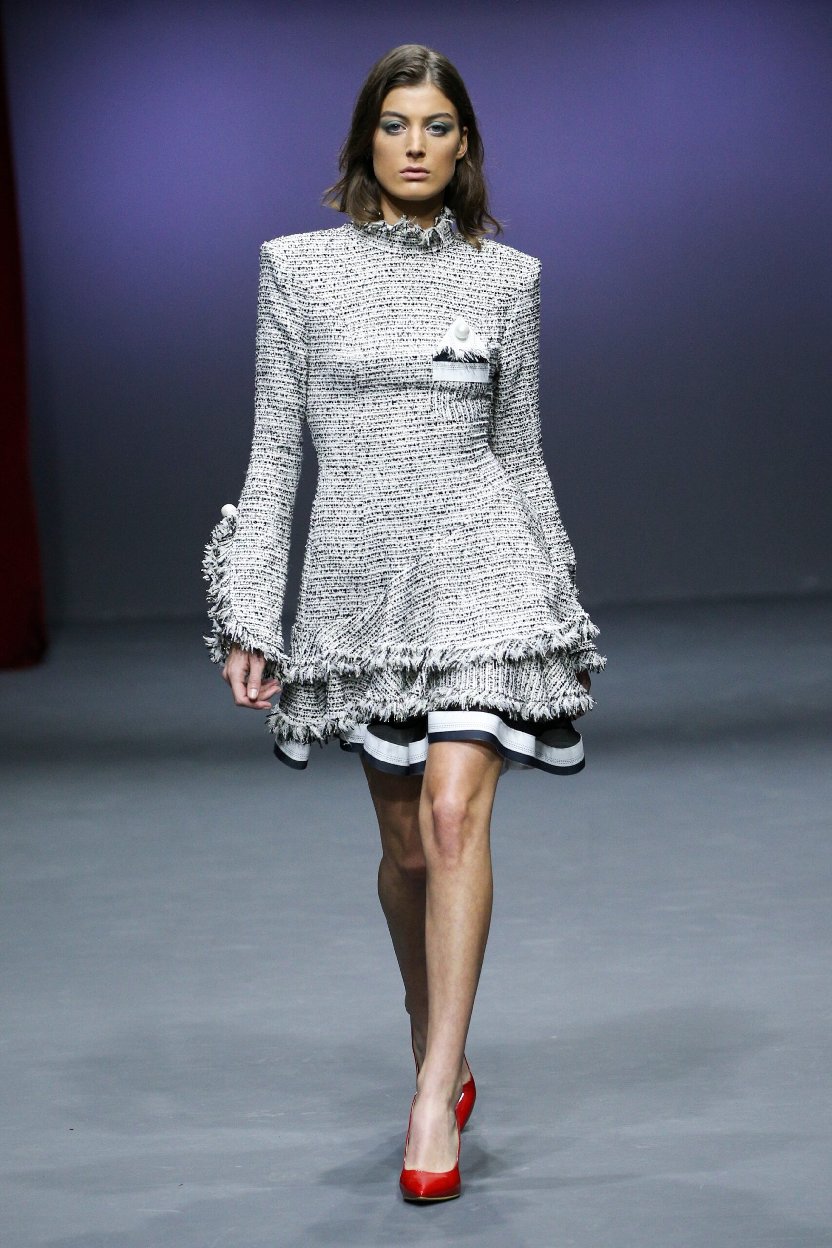 gray tweed mini dress with fringes