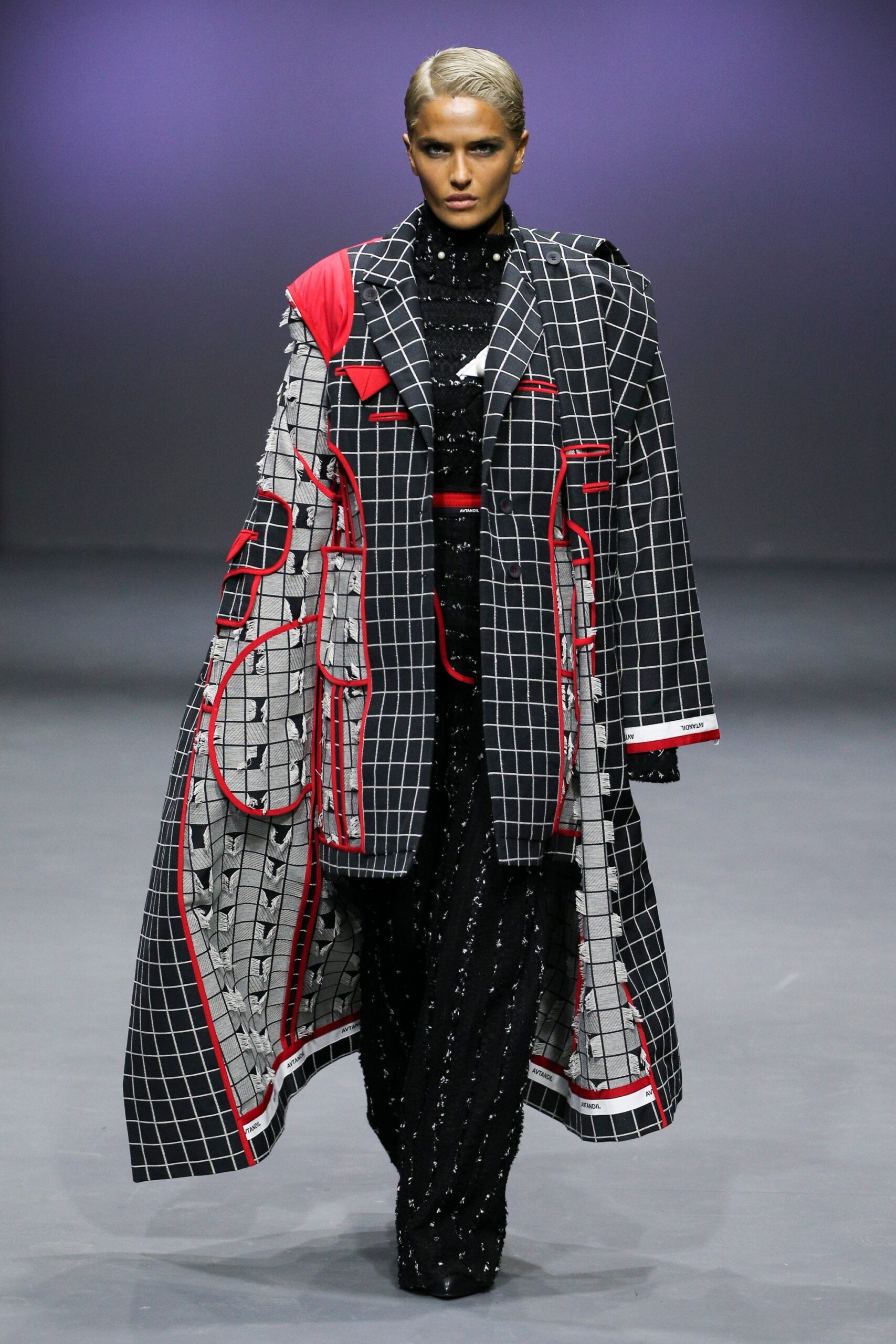 black cotton long-sleeve collared oversized printed layered coat
