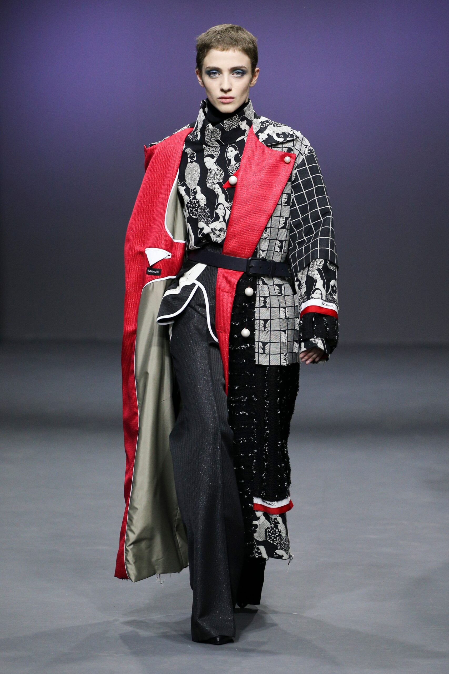 black and red layered coat with flared pants