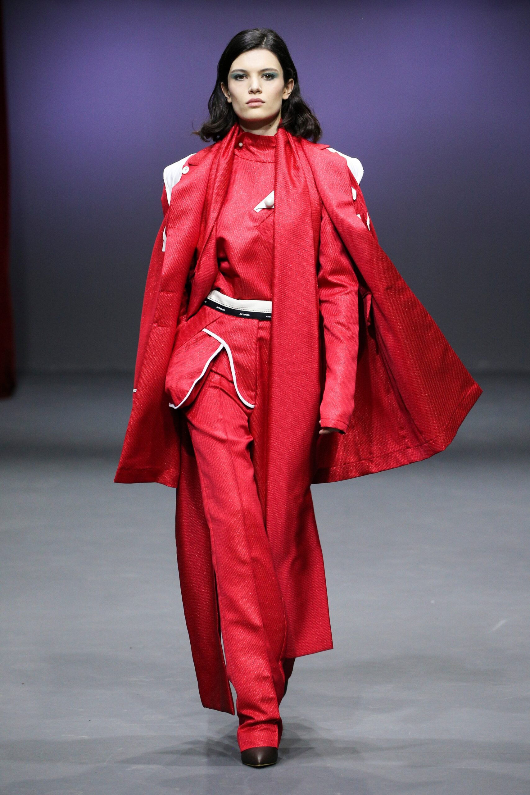 red long-sleeve collared fitted layered coat