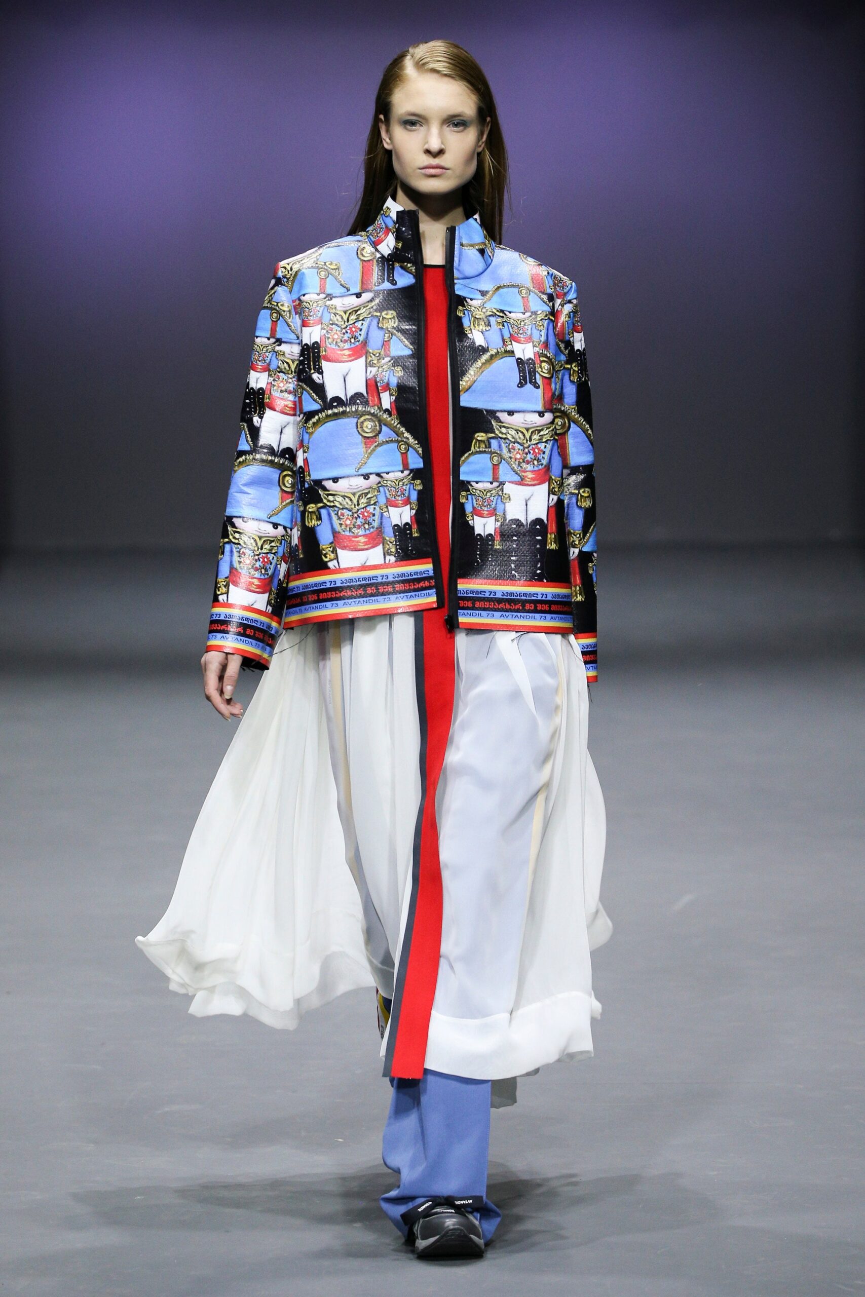 colorful printed jacket with layered dress