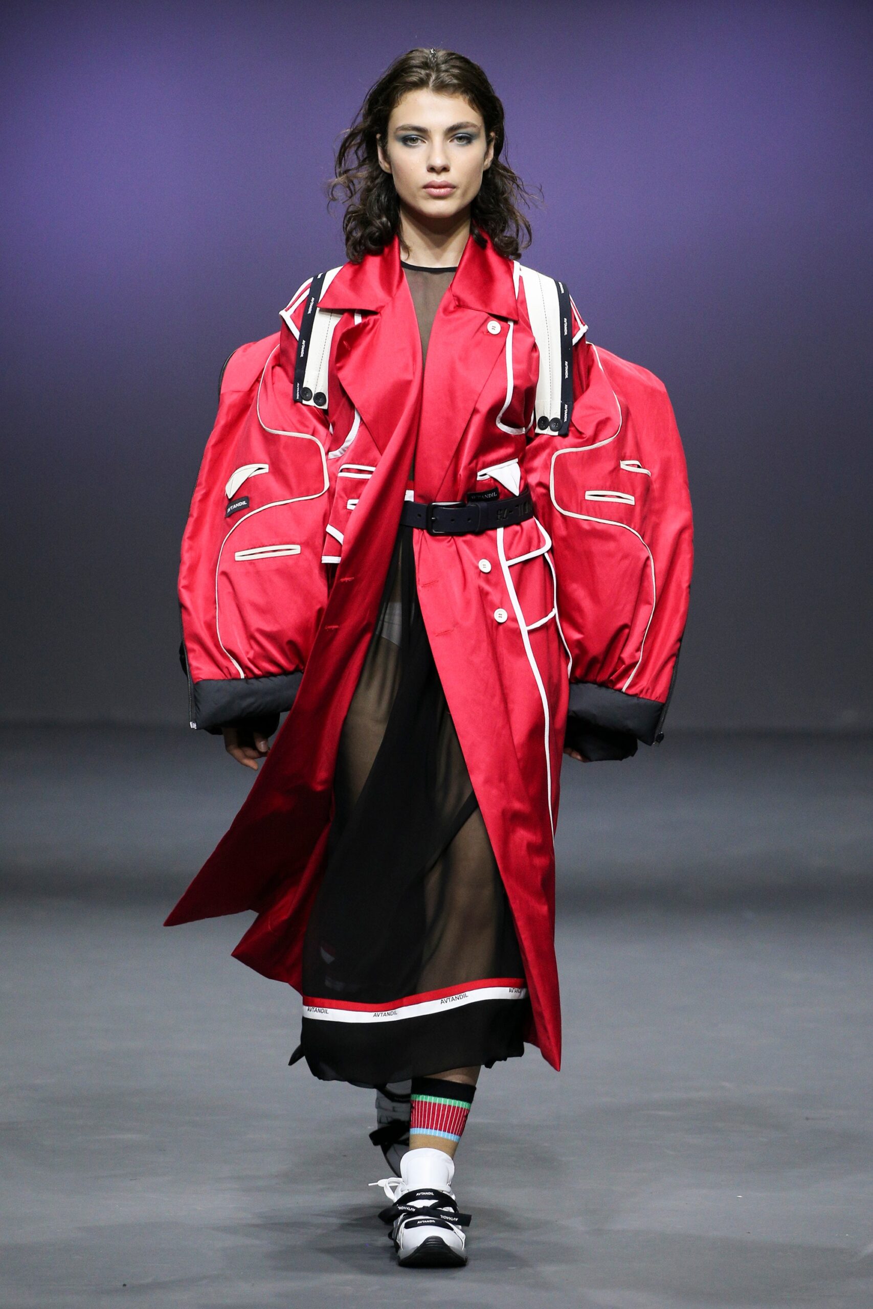 red cotton long-sleeve collared oversized zippered layered coat