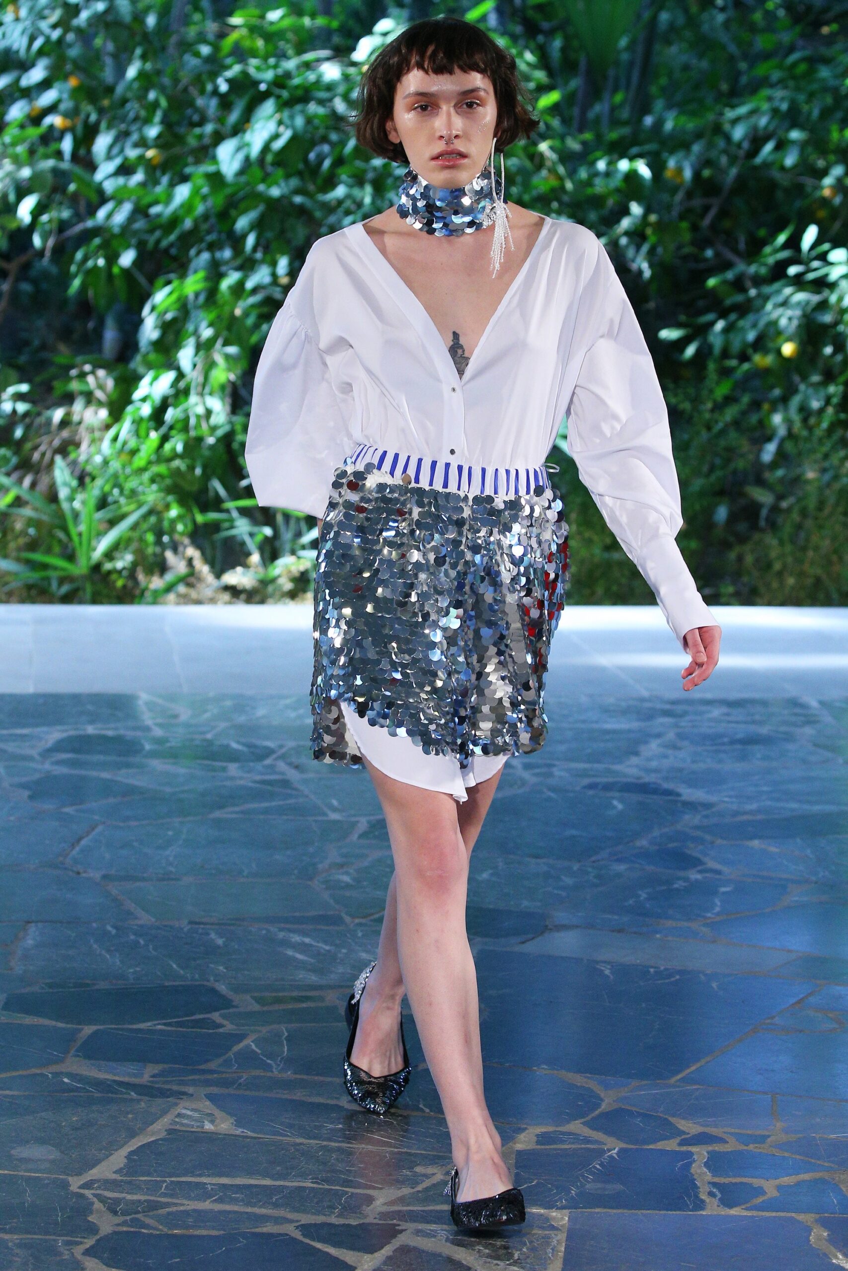 white cotton shirt with sequin mini skirt