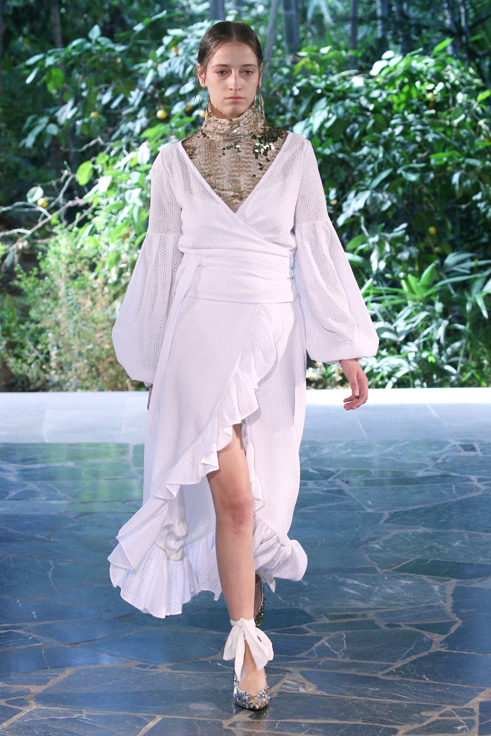 white ruffled midi wrap dress