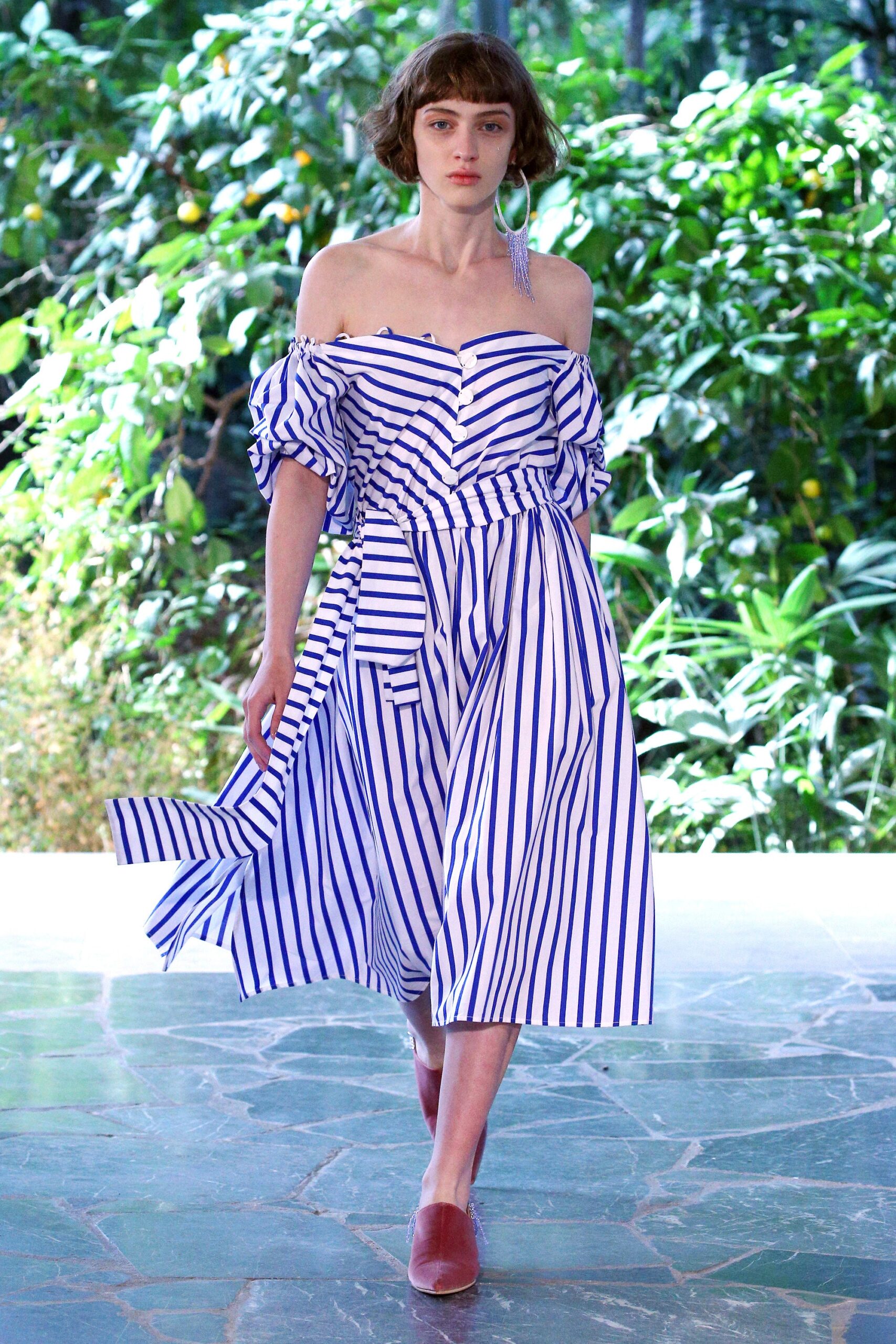 white and blue striped midi dress